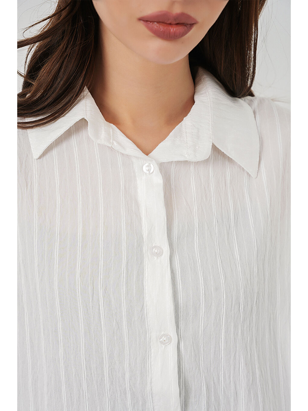 Kadın Çizgili Oversize Gömlek 20293 - Beyaz-3