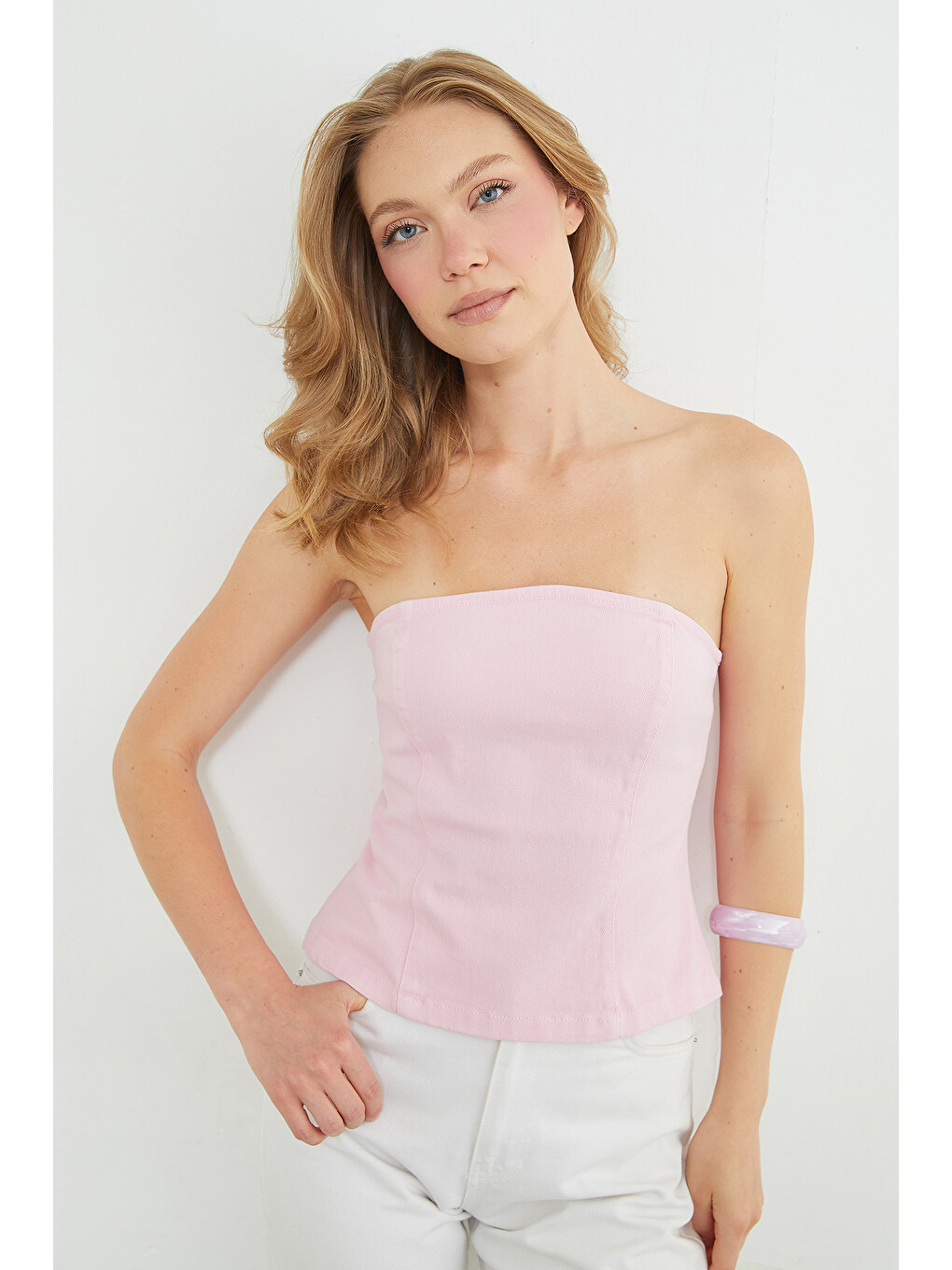 Pembe Straplez Fermuarlı Peplum Bluz