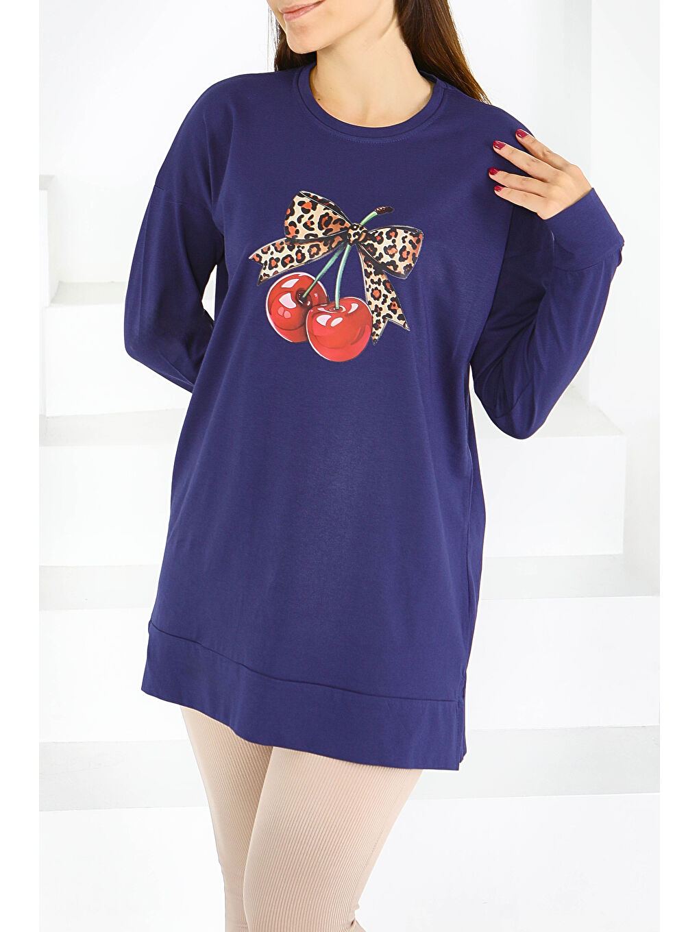 Uzun Kollu Baskılı Süprem Tunik Lacivert - 27588