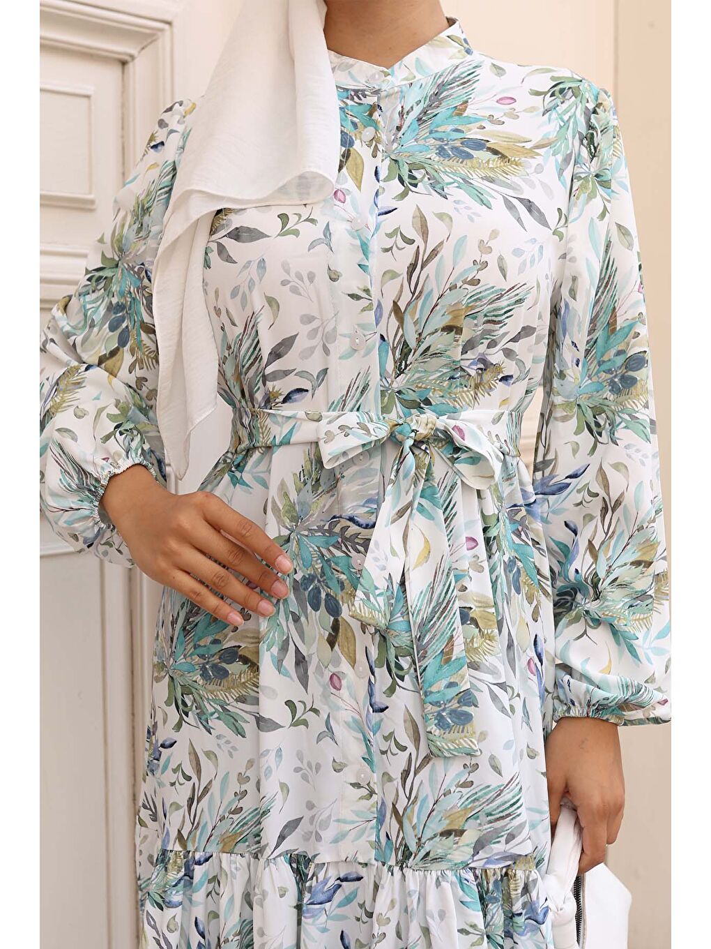 Kadın Desenli Uzun Tesettür Elbise 2586 - Y.Yeşil-2