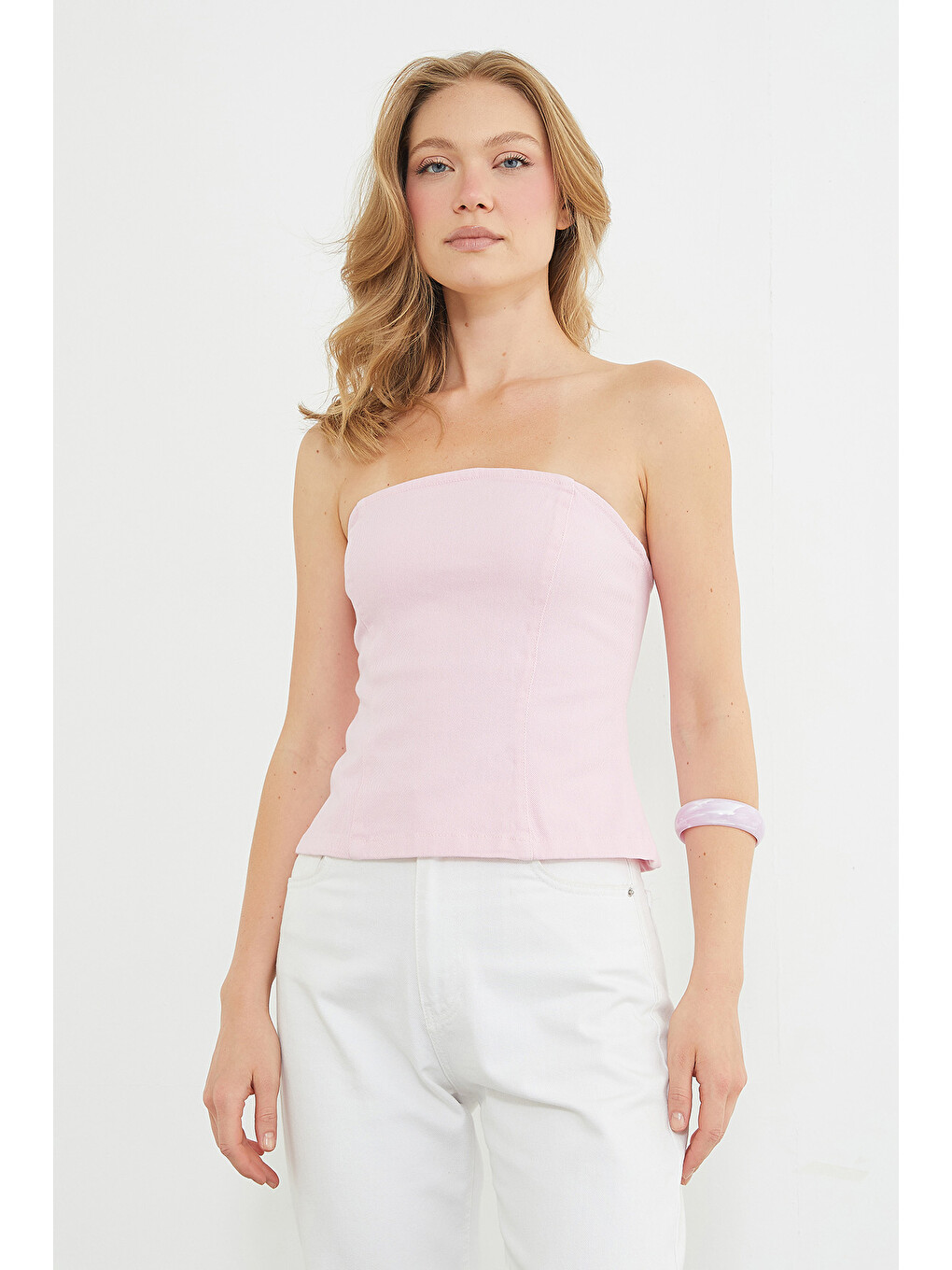 Pembe Straplez Fermuarlı Peplum Bluz-1