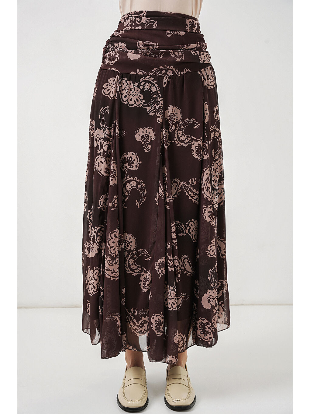 Kadın Desenli Şifon Etek 8057 - Kahverengi-1