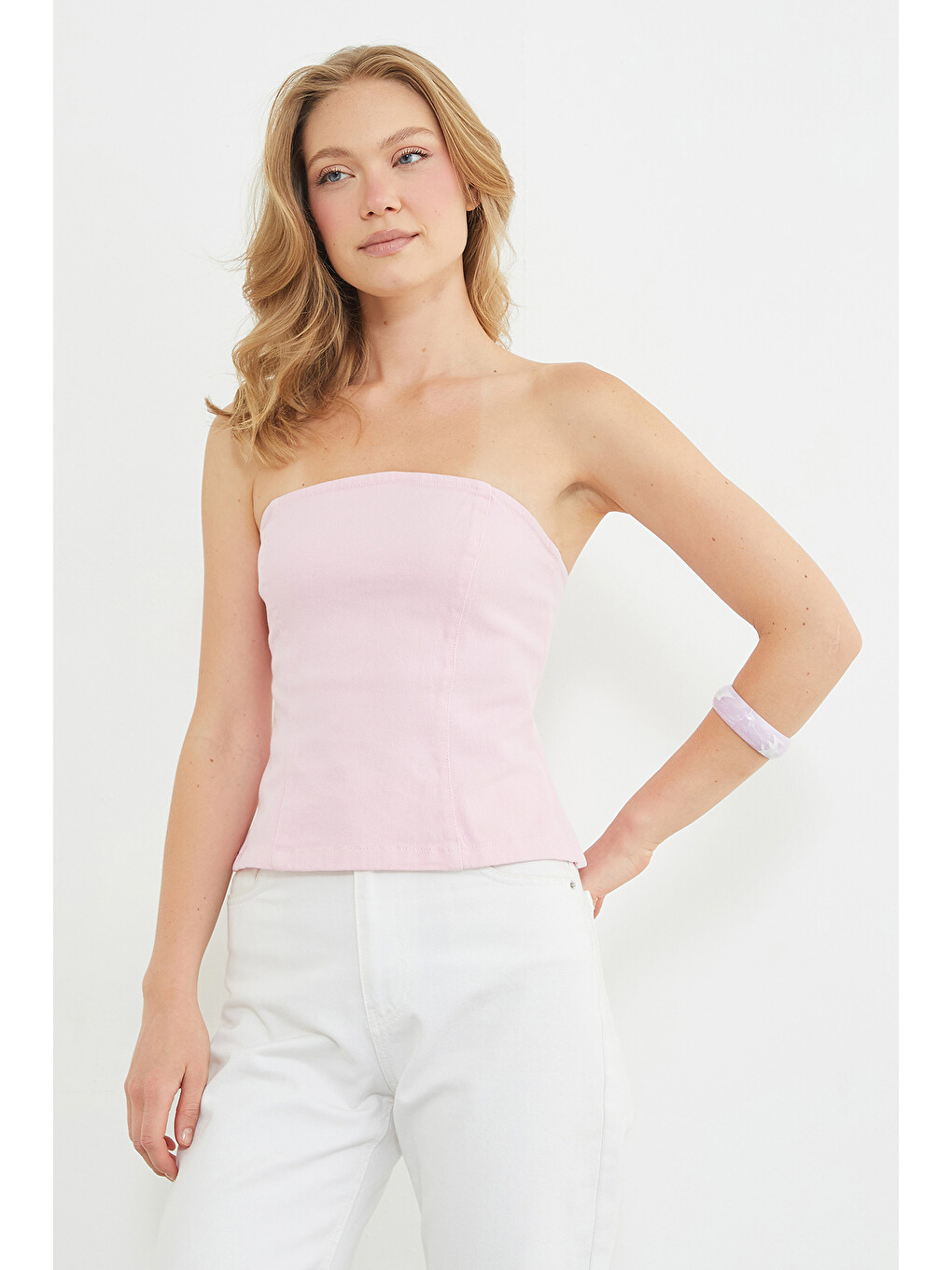 Pembe Straplez Fermuarlı Peplum Bluz-2