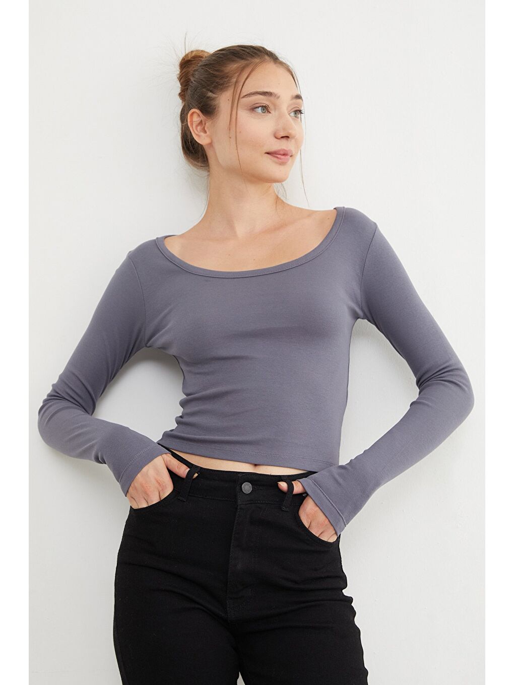 Antrasit Basic U Yaka Modal Bluz