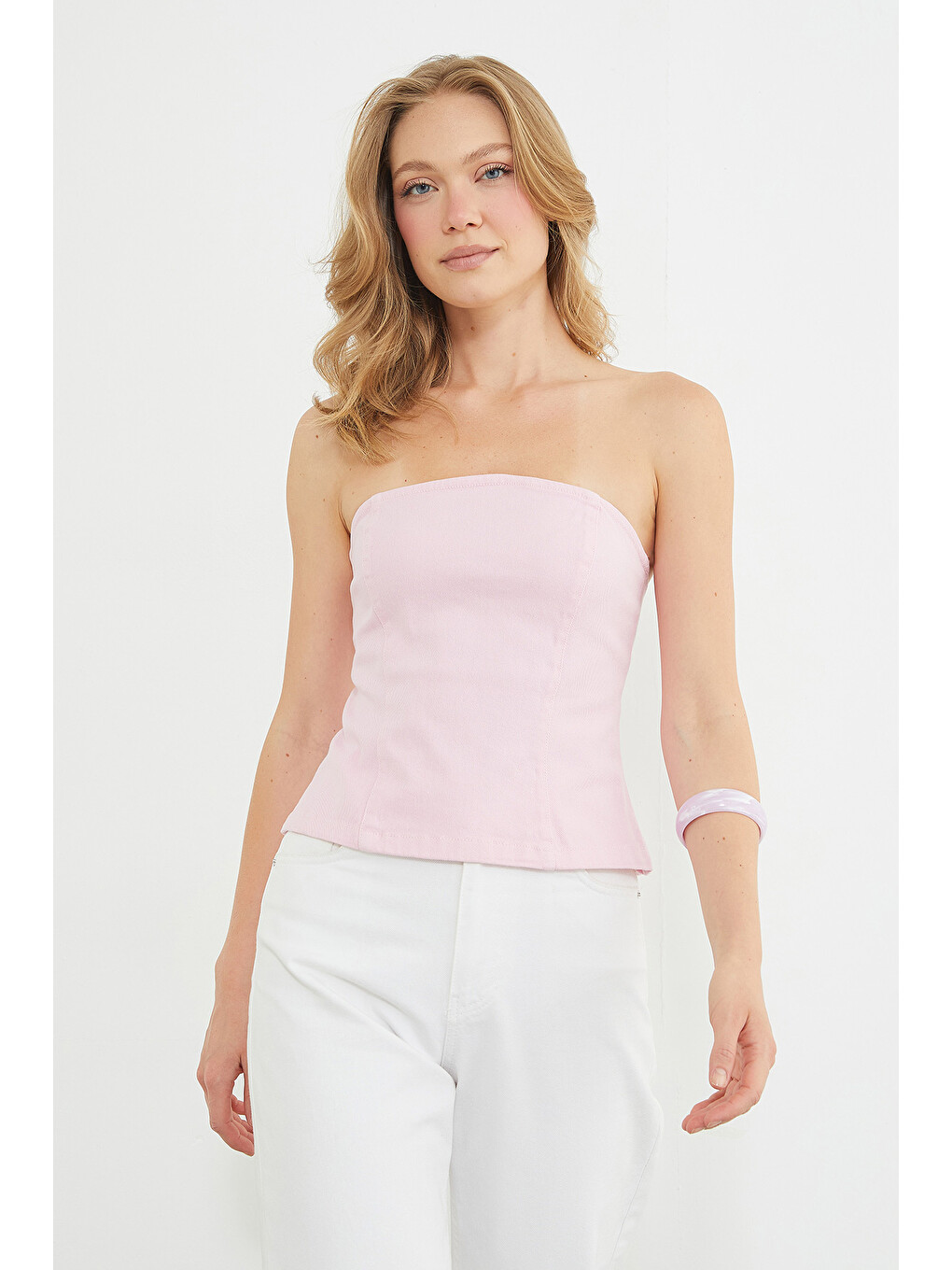 Pembe Straplez Fermuarlı Peplum Bluz-3