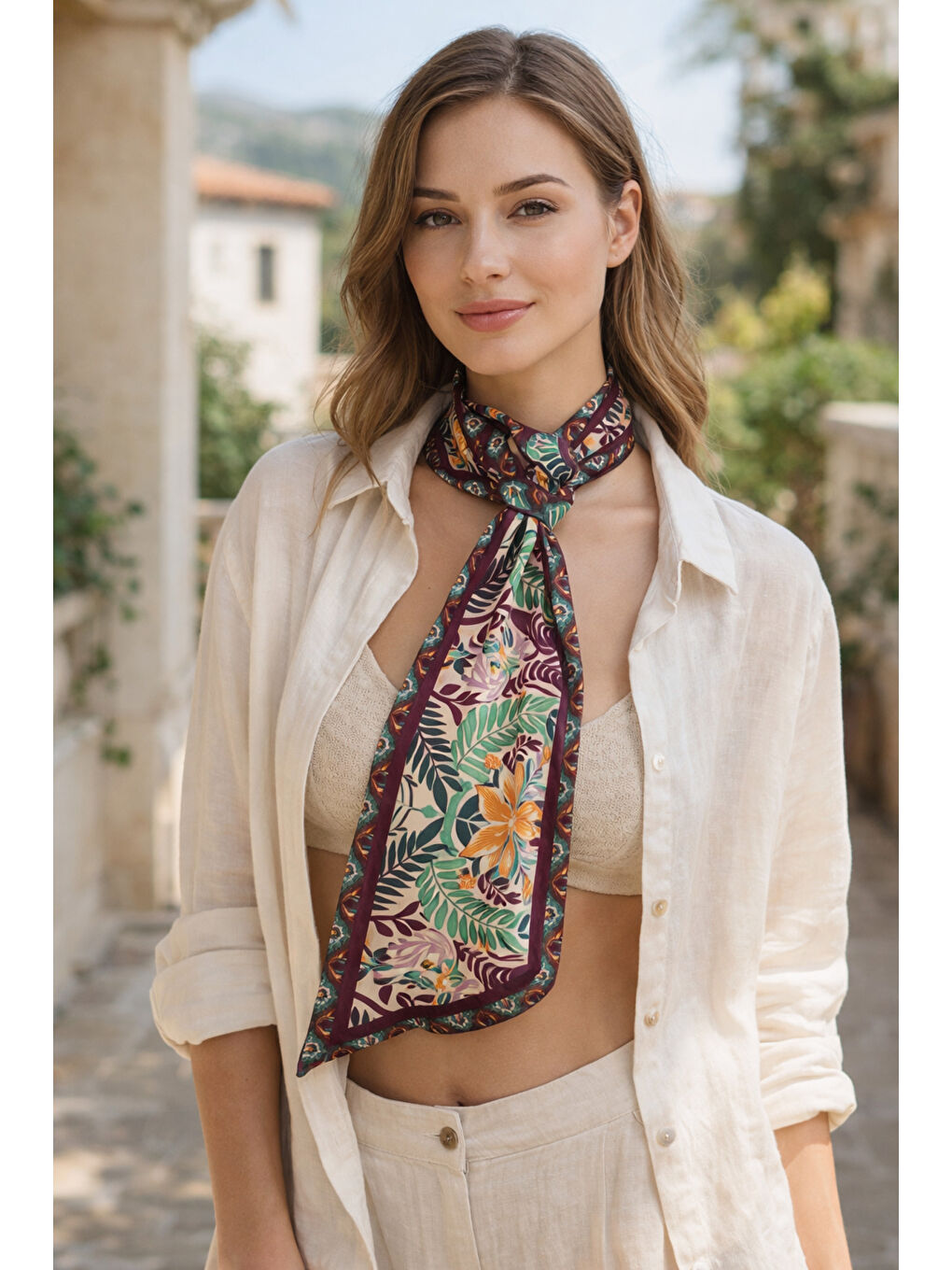 Çiçek Desenli Yeşil Bohem Boyun Fuları FLR1019 YESIL-1