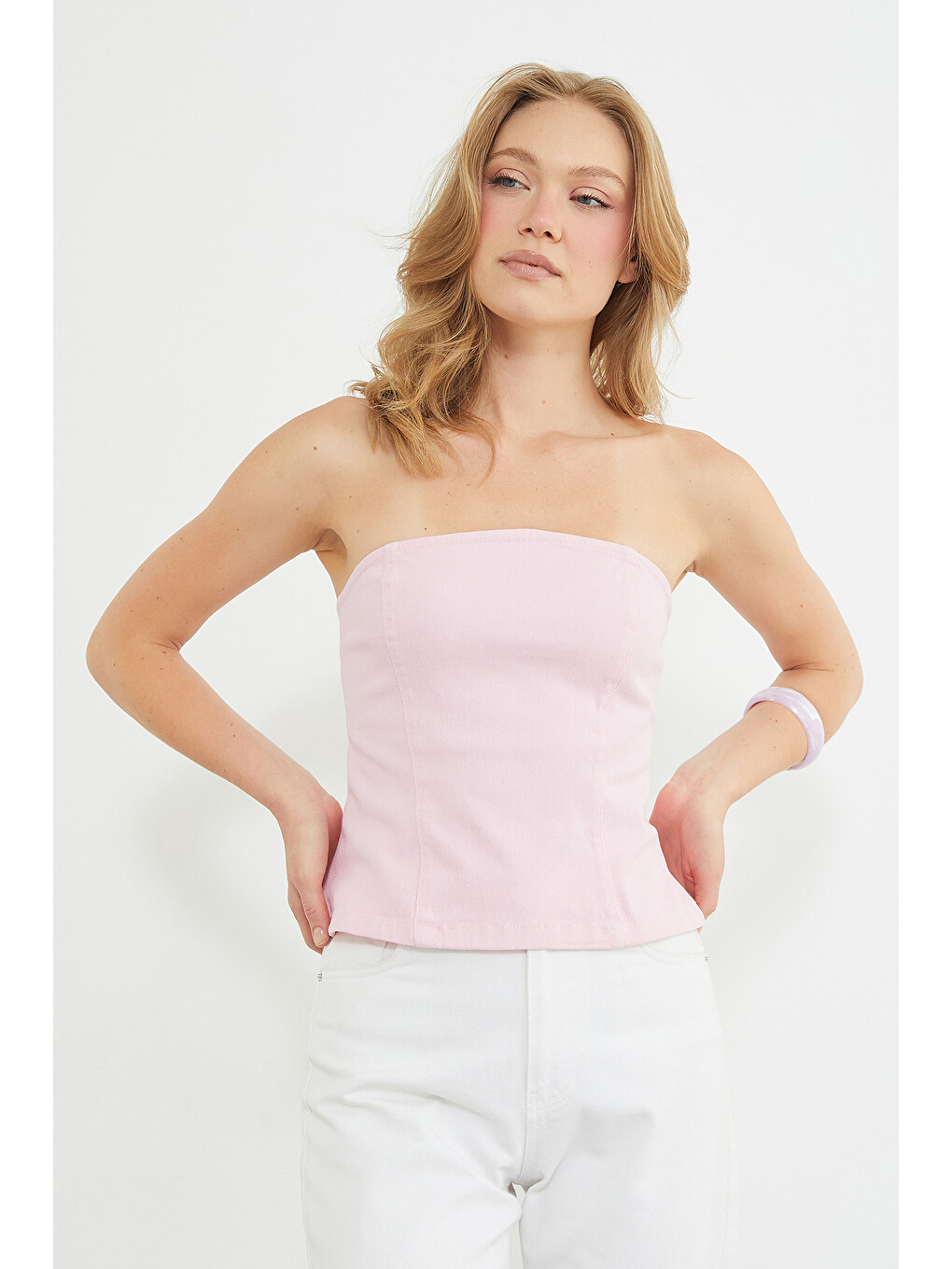 Pembe Straplez Fermuarlı Peplum Bluz-4