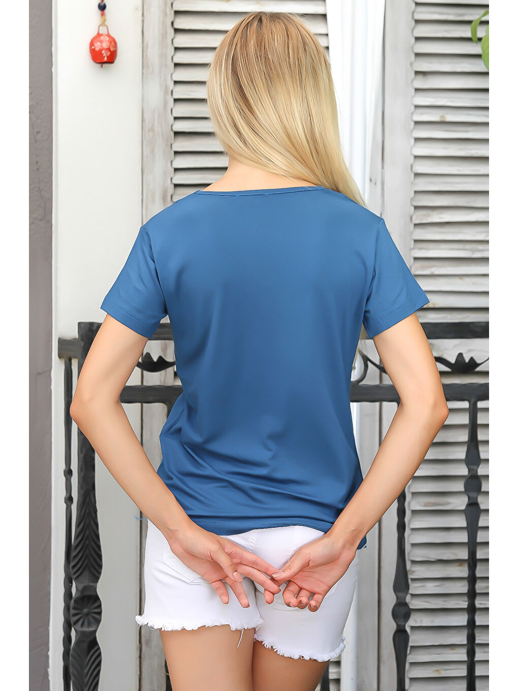 Çelik Mavisi V Yaka Kısa Kol Düz Renk Örme T-Shirt-1