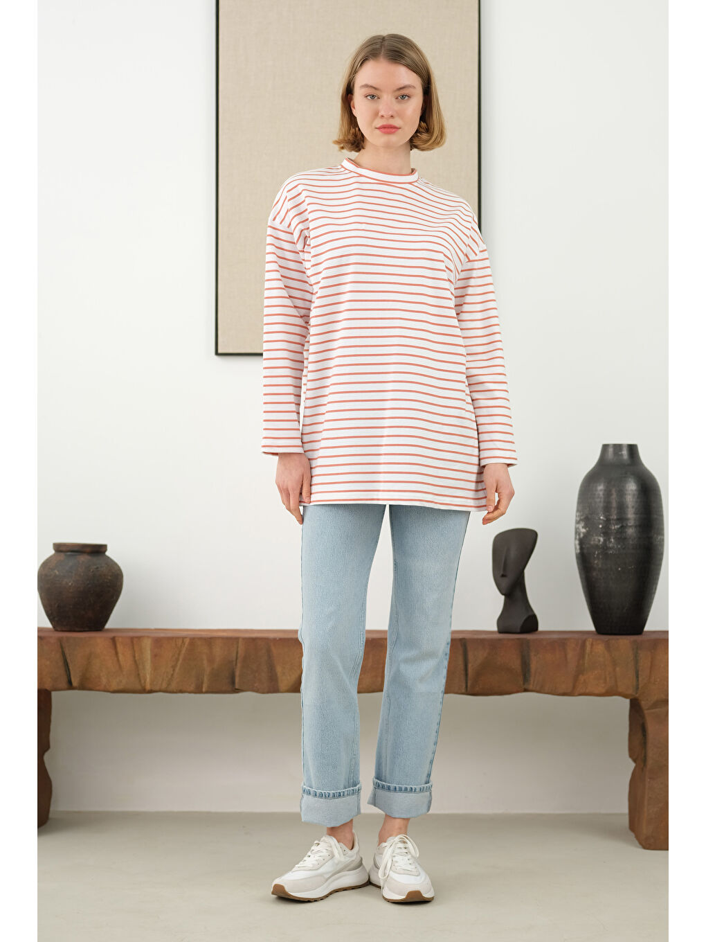 Turuncu İnce Çizgili Sweat Papaya