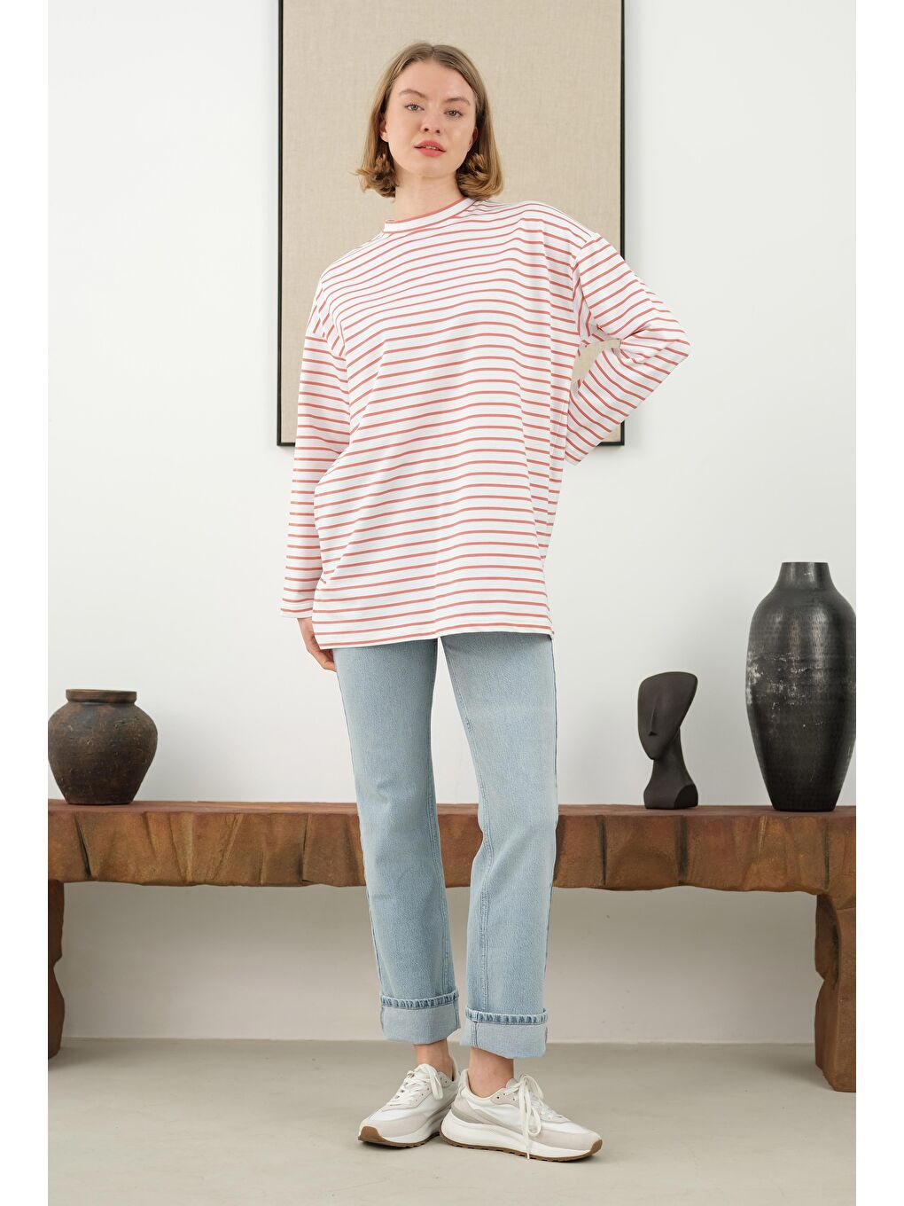 Turuncu İnce Çizgili Sweat Papaya-1