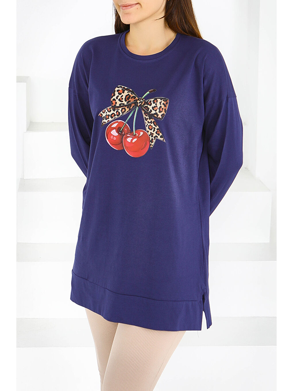 Uzun Kollu Baskılı Süprem Tunik Lacivert - 27588-1