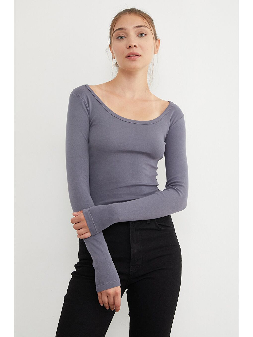 Antrasit Basic U Yaka Modal Bluz-1