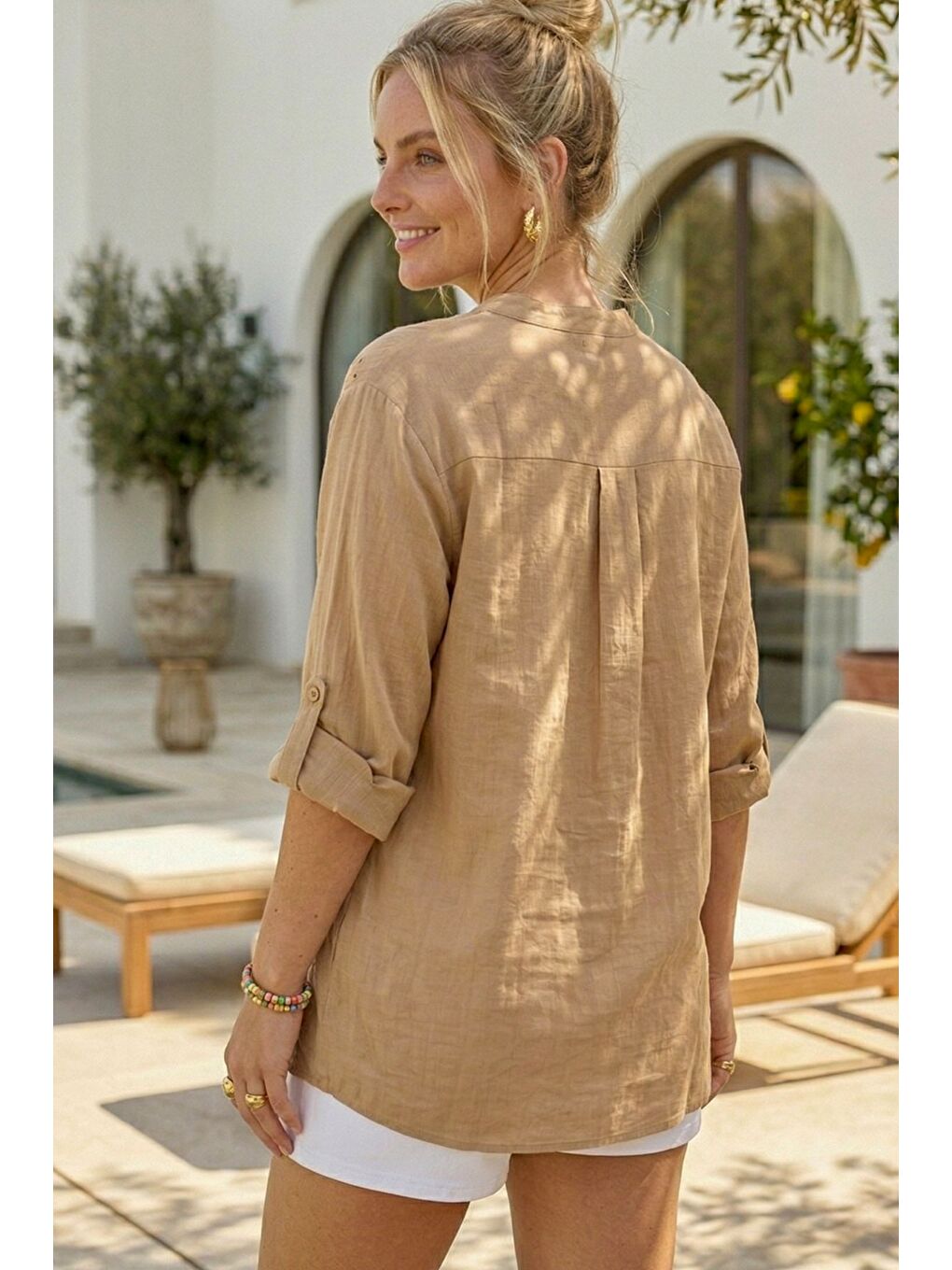 Koyu Bej Hakim Yaka Düğmeli Uzun Kollu Düğmeli Casual Müslin Dokuma Gömlek 75 63-4