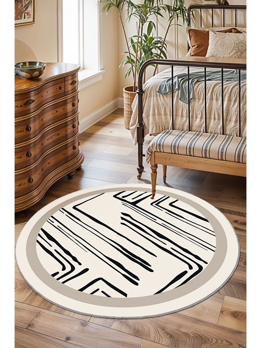 Ekru Dekoratif Salon Halısı, Makinada Yıkanabilir, Kaymaz Taban, İnce & Modern Tasarım-1