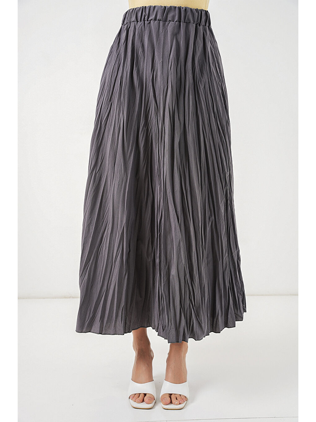 Kadın Uzun Kırışık Etek 8042 - Antrasit-1
