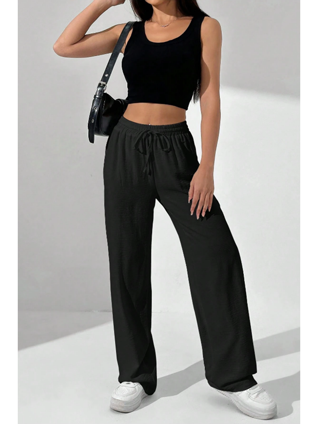 Siyah Bol Paça Müslin Kadın Pantolon-1