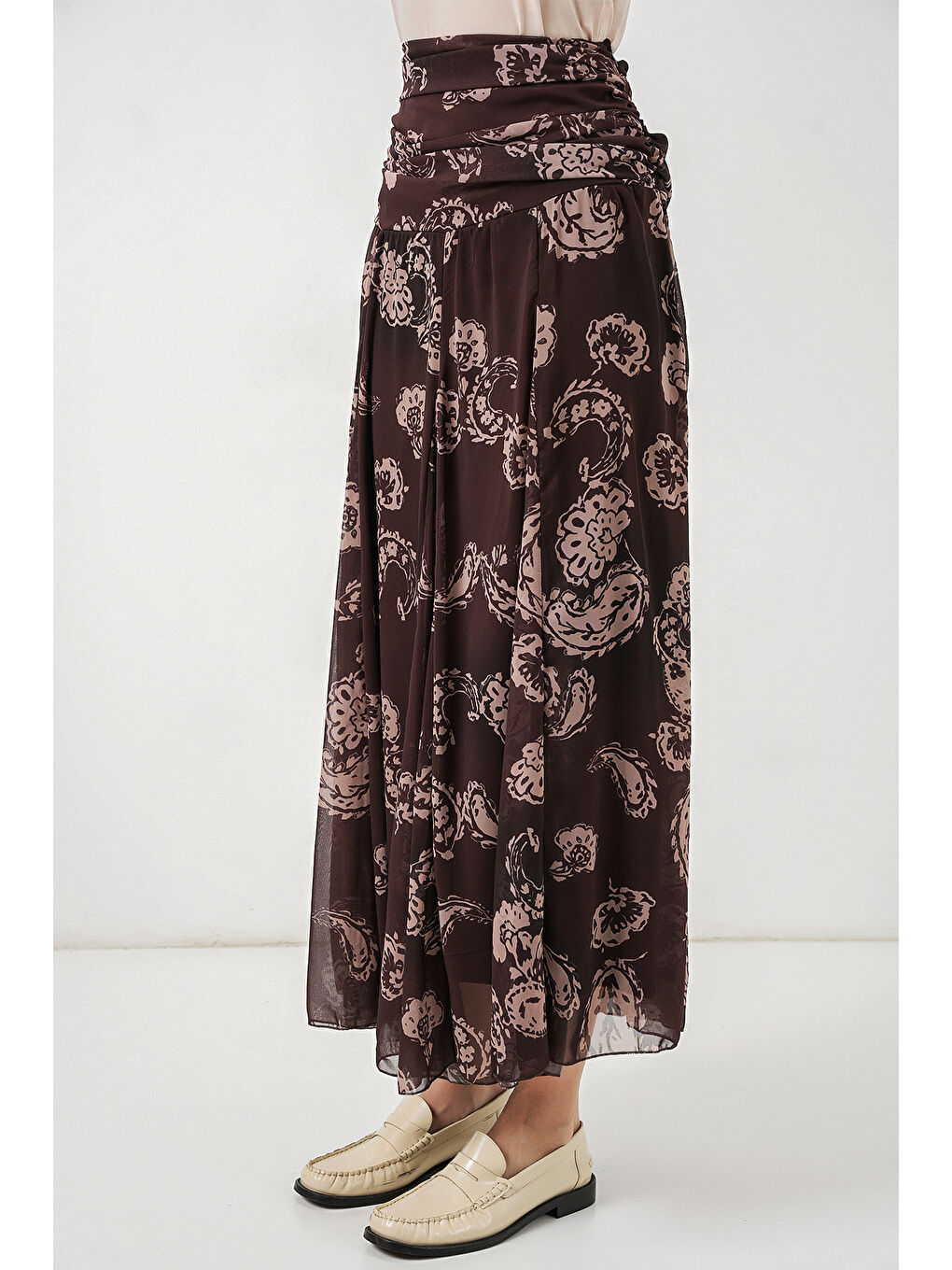 Kadın Desenli Şifon Etek 8057 - Kahverengi-3