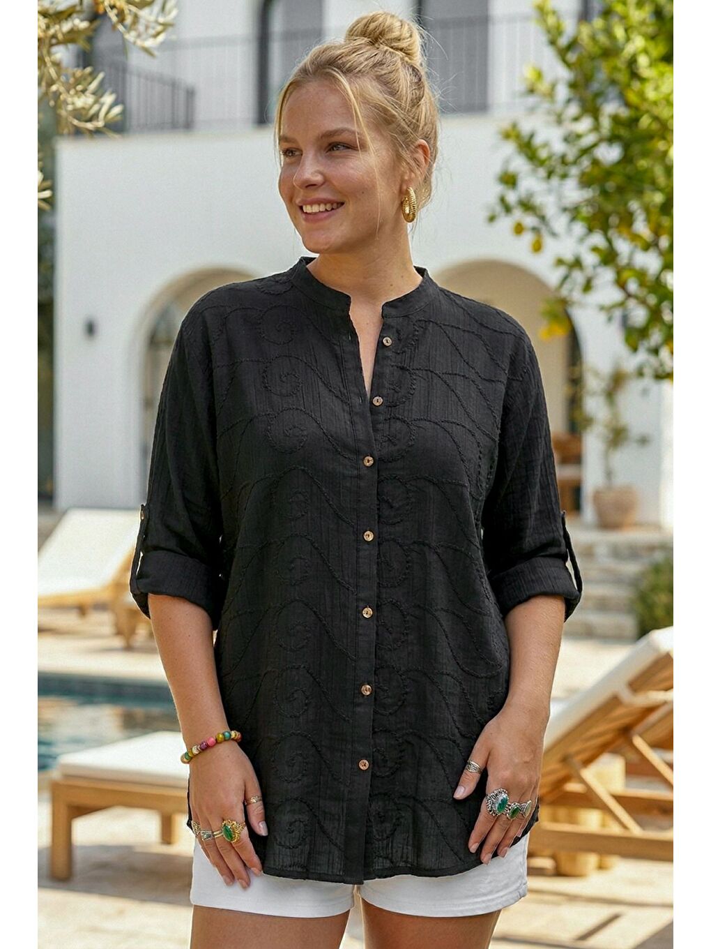 Siyah Hakim Yaka Düğmeli Uzun Kollu Düğmeli Casual Müslin Dokuma Gömlek 75 63-1