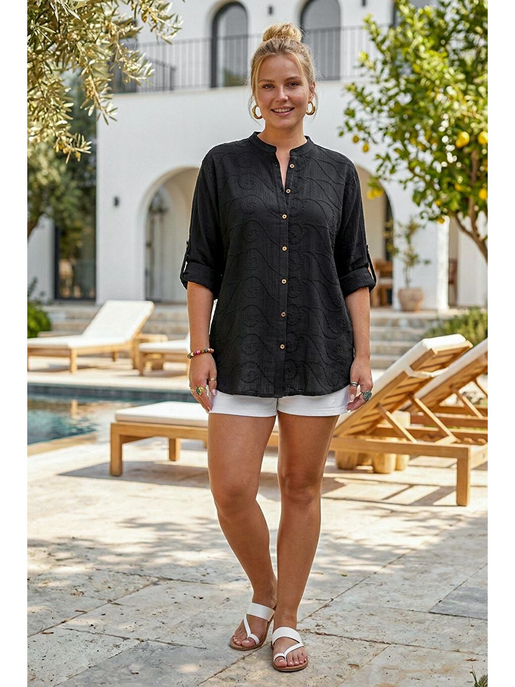 Siyah Hakim Yaka Düğmeli Uzun Kollu Düğmeli Casual Müslin Dokuma Gömlek 75 63-2