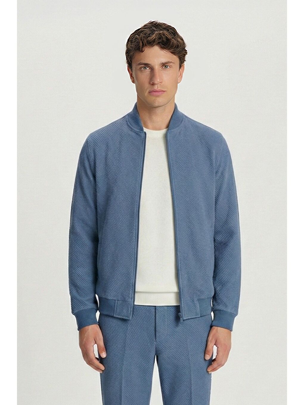 Mavi Giotelli İndigo Bomber Stil Armürlü Slim Fit Triko Yaka Fermuarlı 6 Drop Erkek Takım Elbise