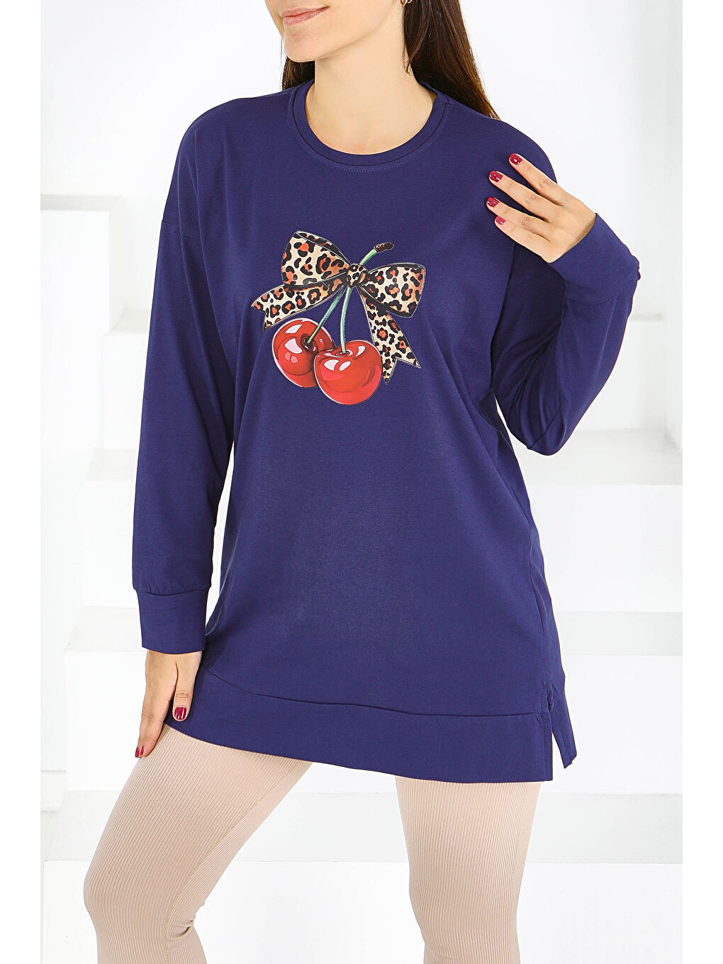 Uzun Kollu Baskılı Süprem Tunik Lacivert - 27588-2