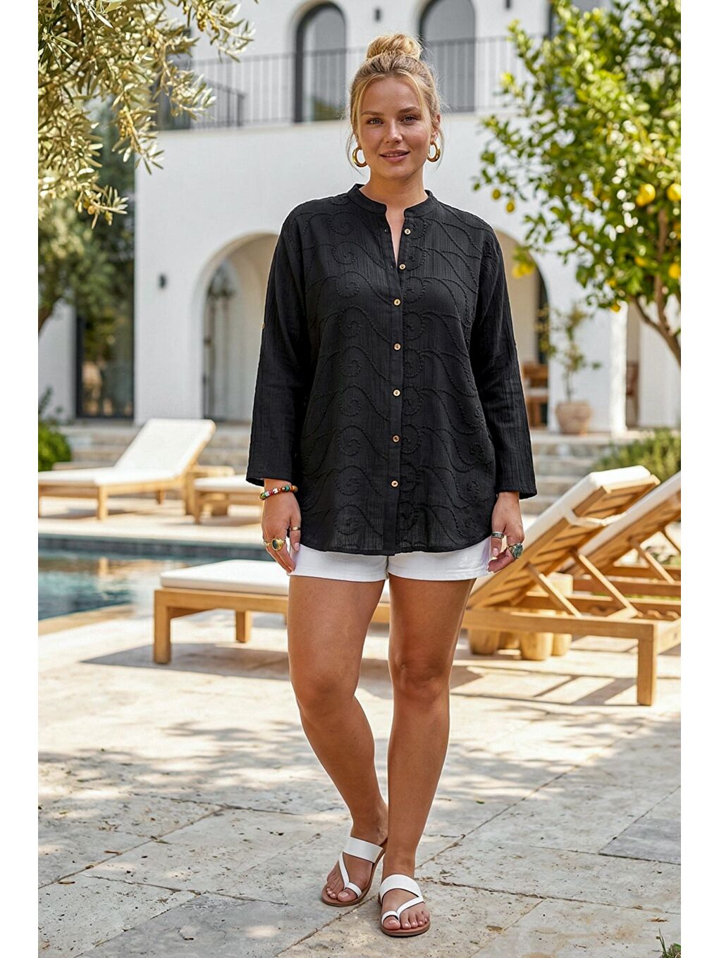 Siyah Hakim Yaka Düğmeli Uzun Kollu Düğmeli Casual Müslin Dokuma Gömlek 75 63-3