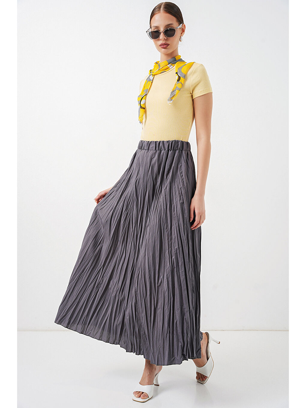 Kadın Uzun Kırışık Etek 8042 - Antrasit-2