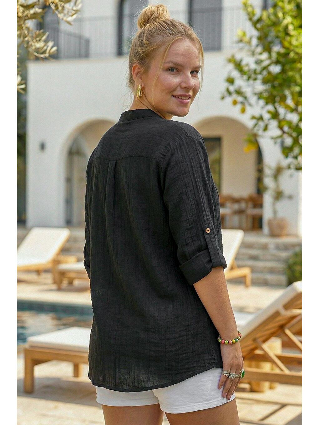 Siyah Hakim Yaka Düğmeli Uzun Kollu Düğmeli Casual Müslin Dokuma Gömlek 75 63-4