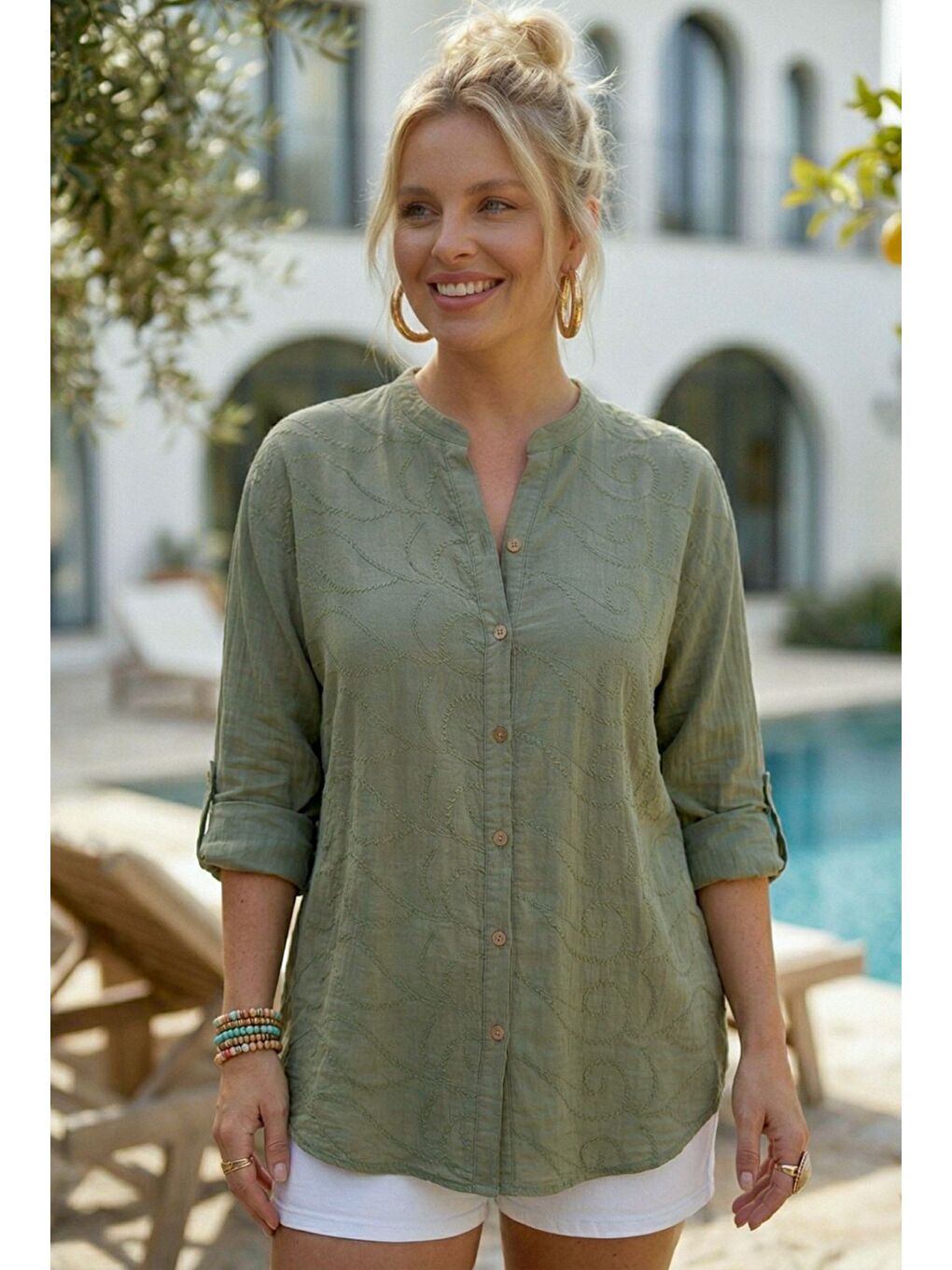 Haki Hakim Yaka Düğmeli Uzun Kollu Düğmeli Casual Müslin Dokuma Gömlek 75 63