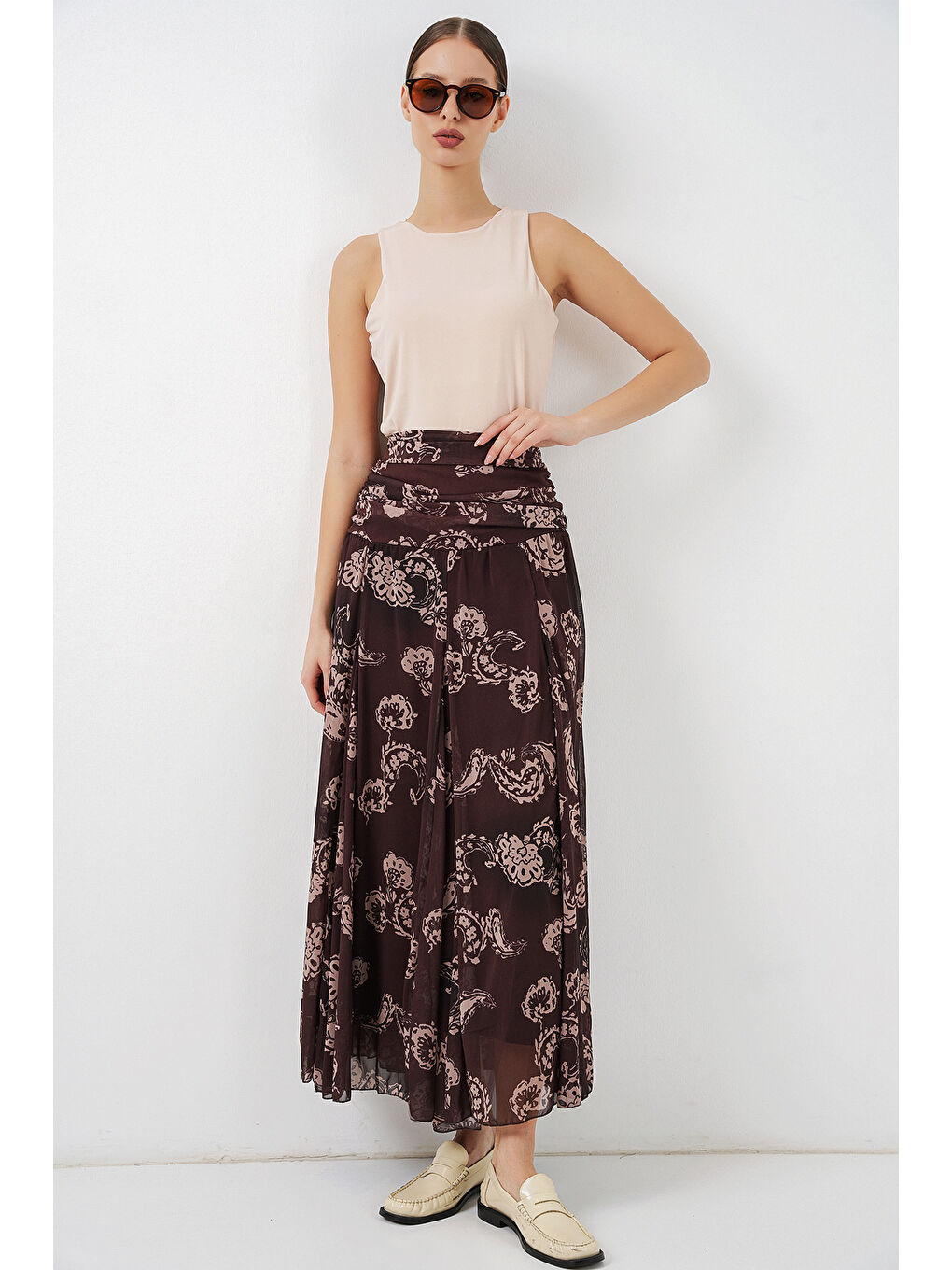 Kadın Desenli Şifon Etek 8057 - Kahverengi-4