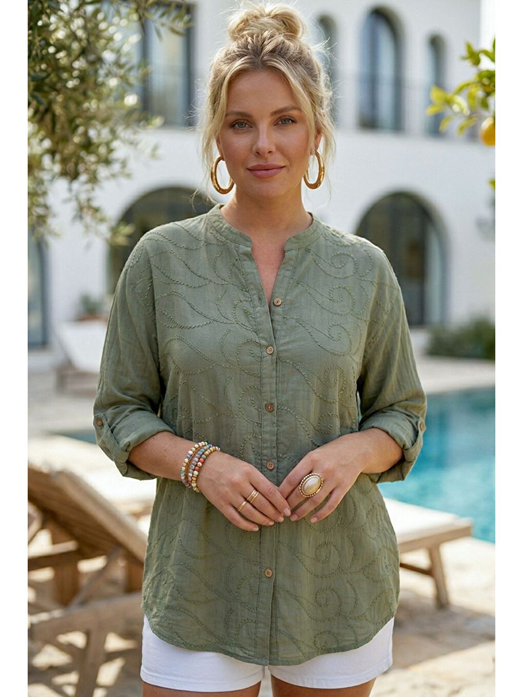 Haki Hakim Yaka Düğmeli Uzun Kollu Düğmeli Casual Müslin Dokuma Gömlek 75 63-1