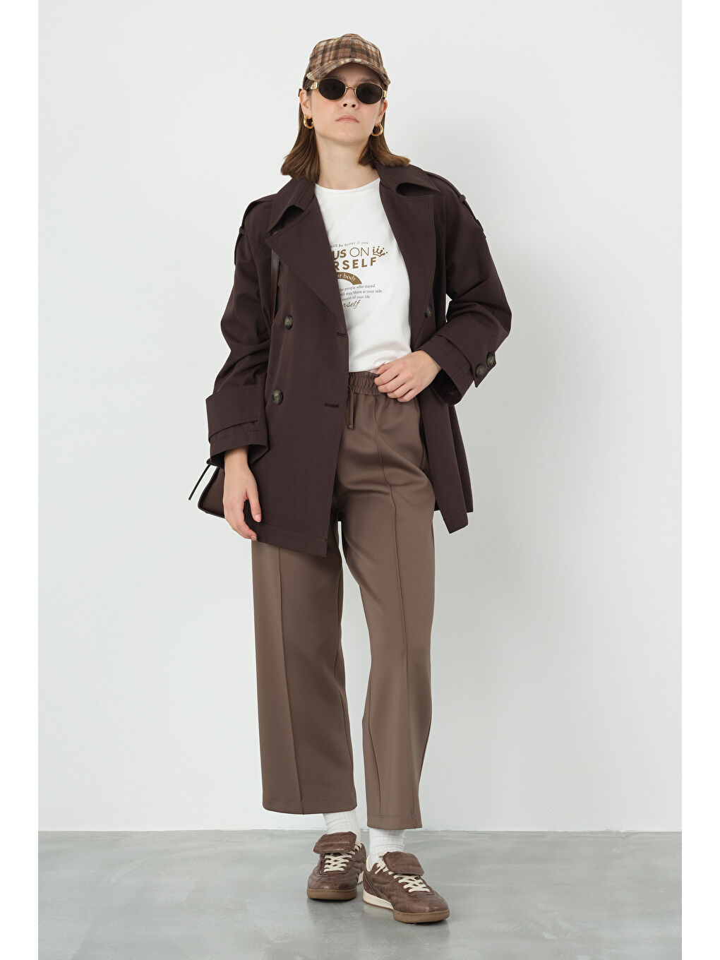 Kahverengi Kısa Kruvaze Trençkot Acı Kahve-2