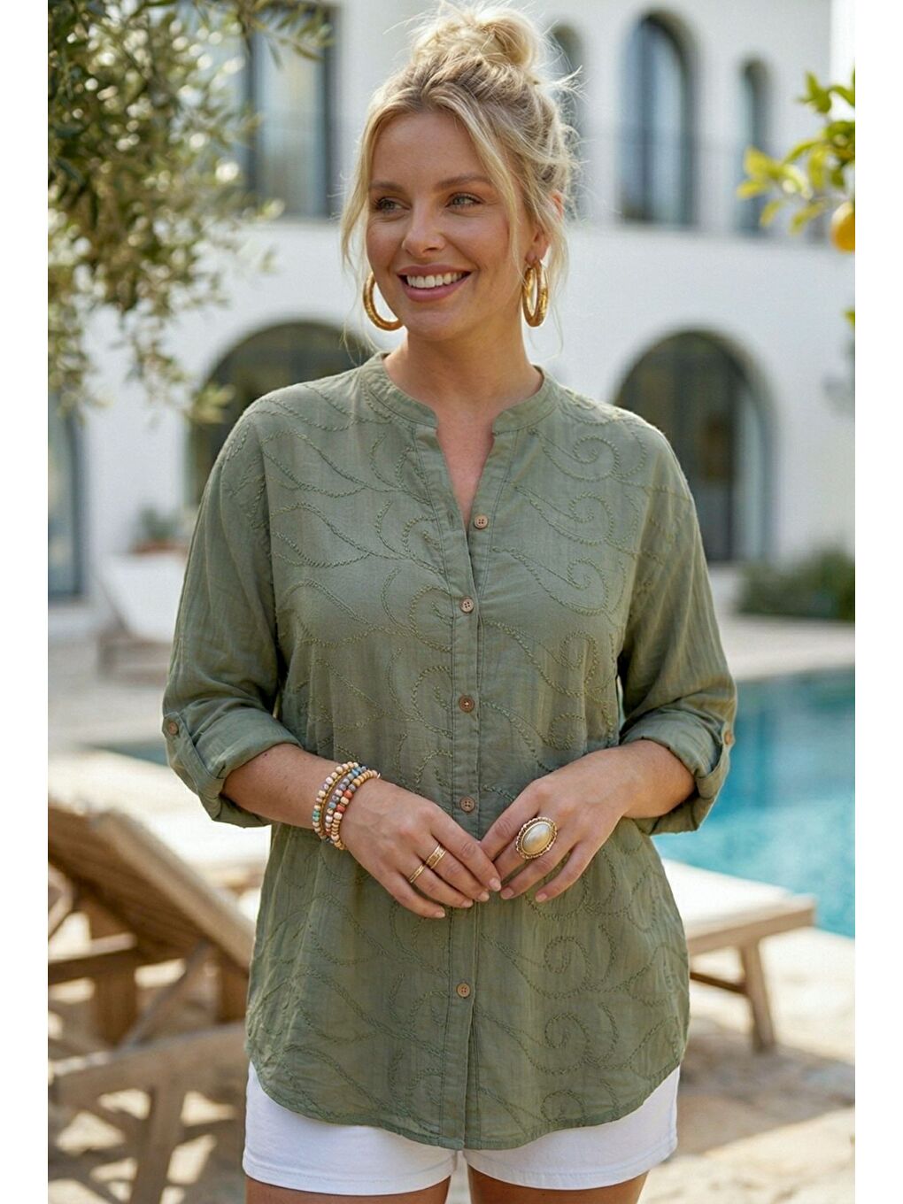 Haki Hakim Yaka Düğmeli Uzun Kollu Düğmeli Casual Müslin Dokuma Gömlek 75 63-2