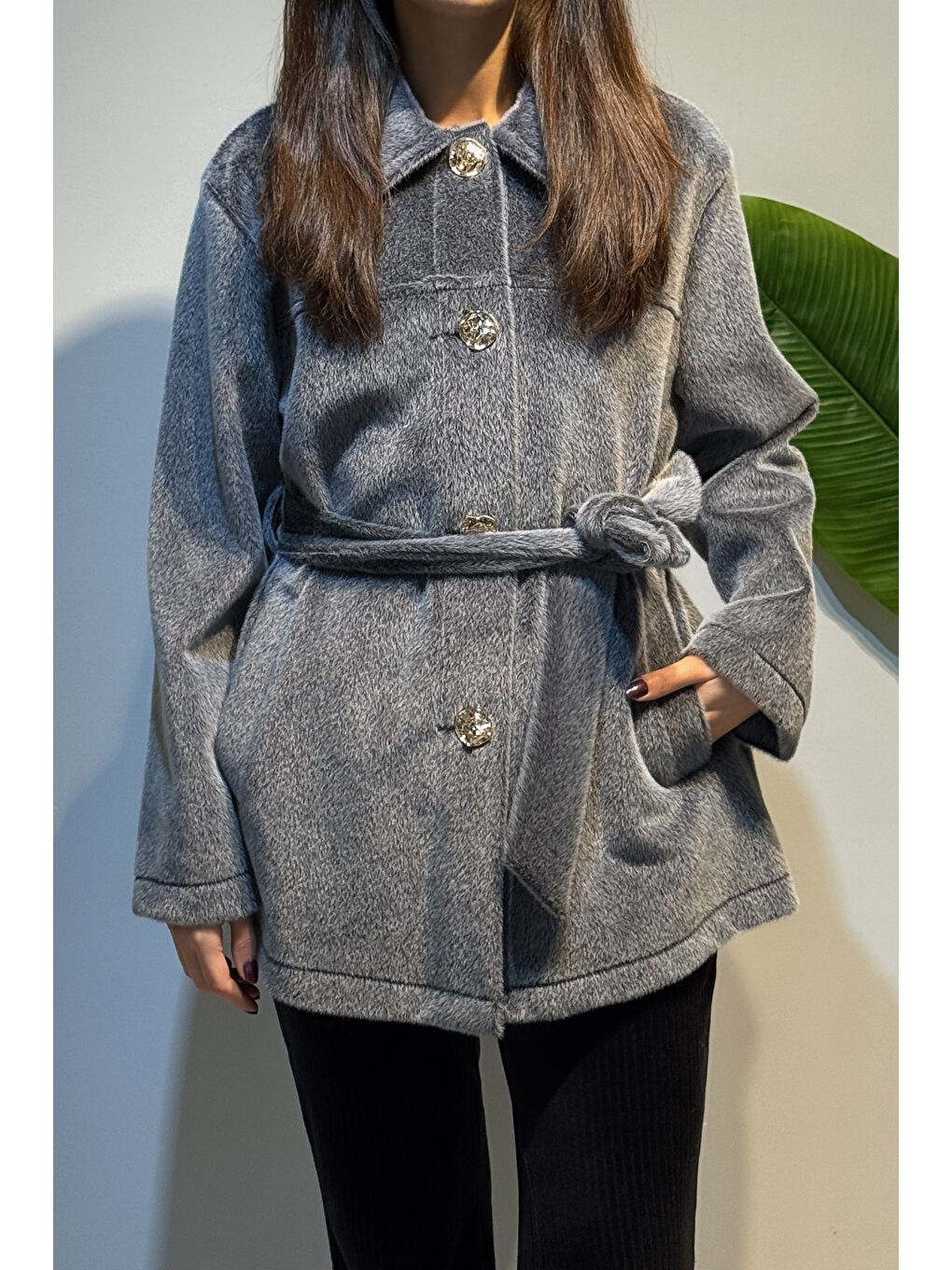 Düğme ve Kuşak Detay Ceket 36199 Antrasit-1