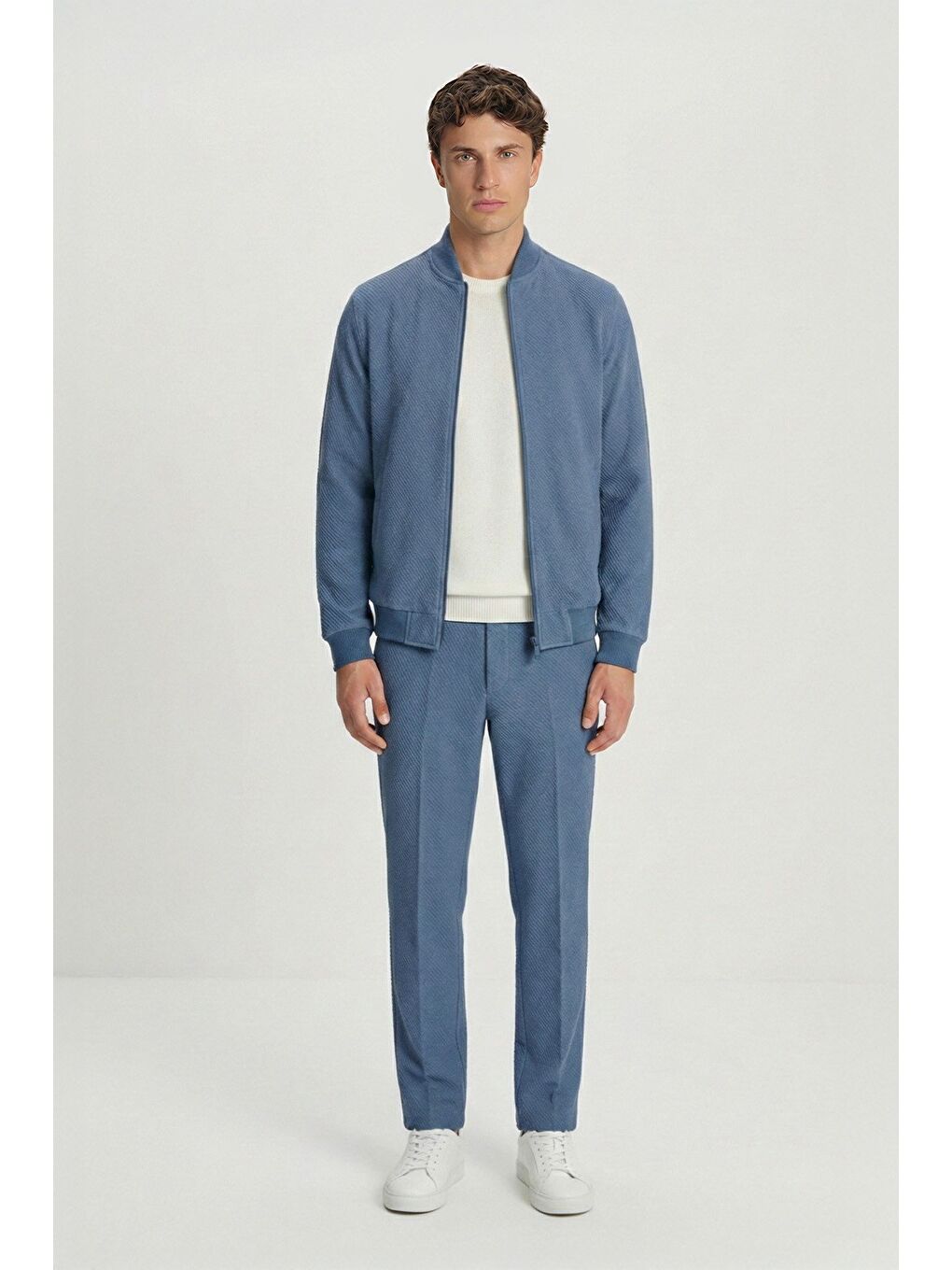 Mavi Giotelli İndigo Bomber Stil Armürlü Slim Fit Triko Yaka Fermuarlı 6 Drop Erkek Takım Elbise-1