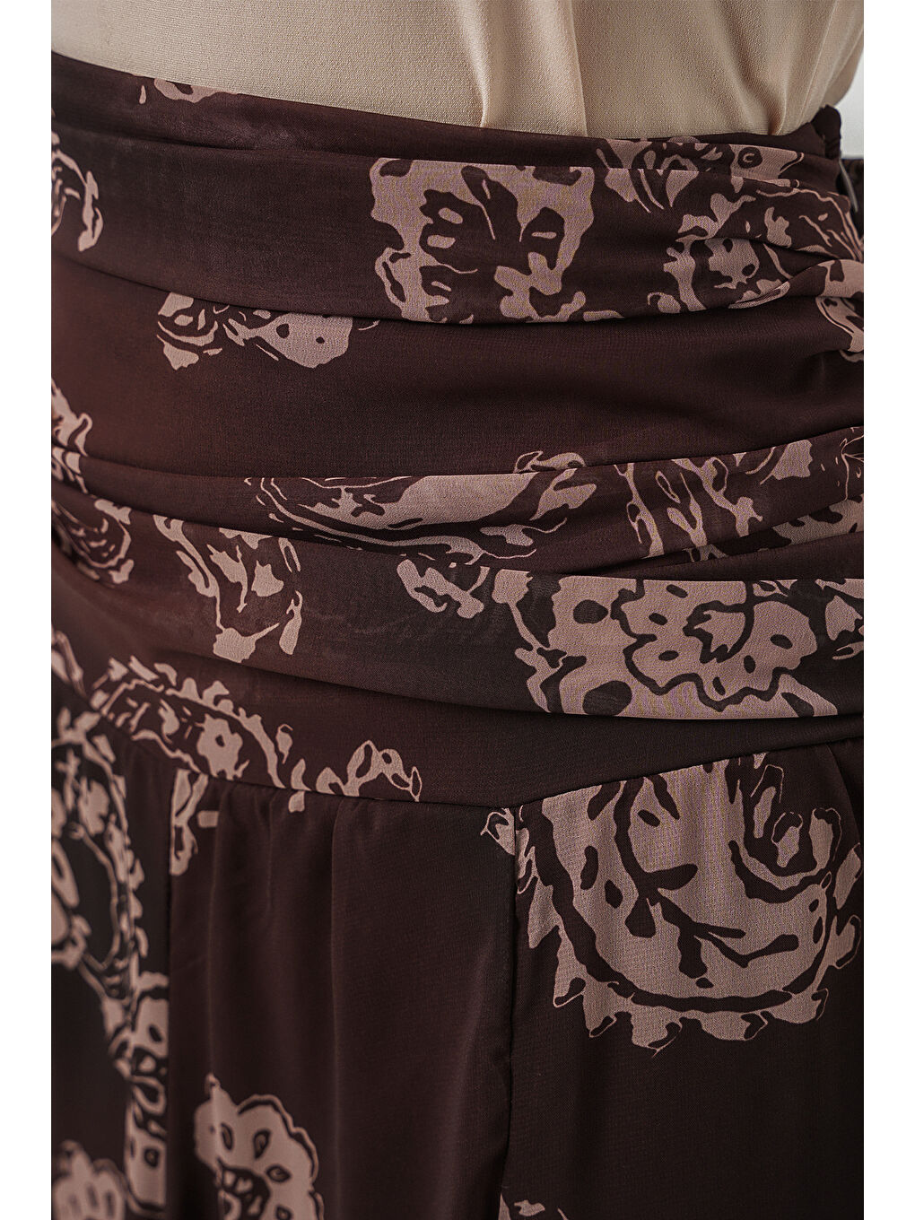 Kadın Desenli Şifon Etek 8057 - Kahverengi-5