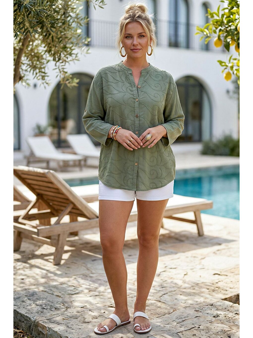 Haki Hakim Yaka Düğmeli Uzun Kollu Düğmeli Casual Müslin Dokuma Gömlek 75 63-3