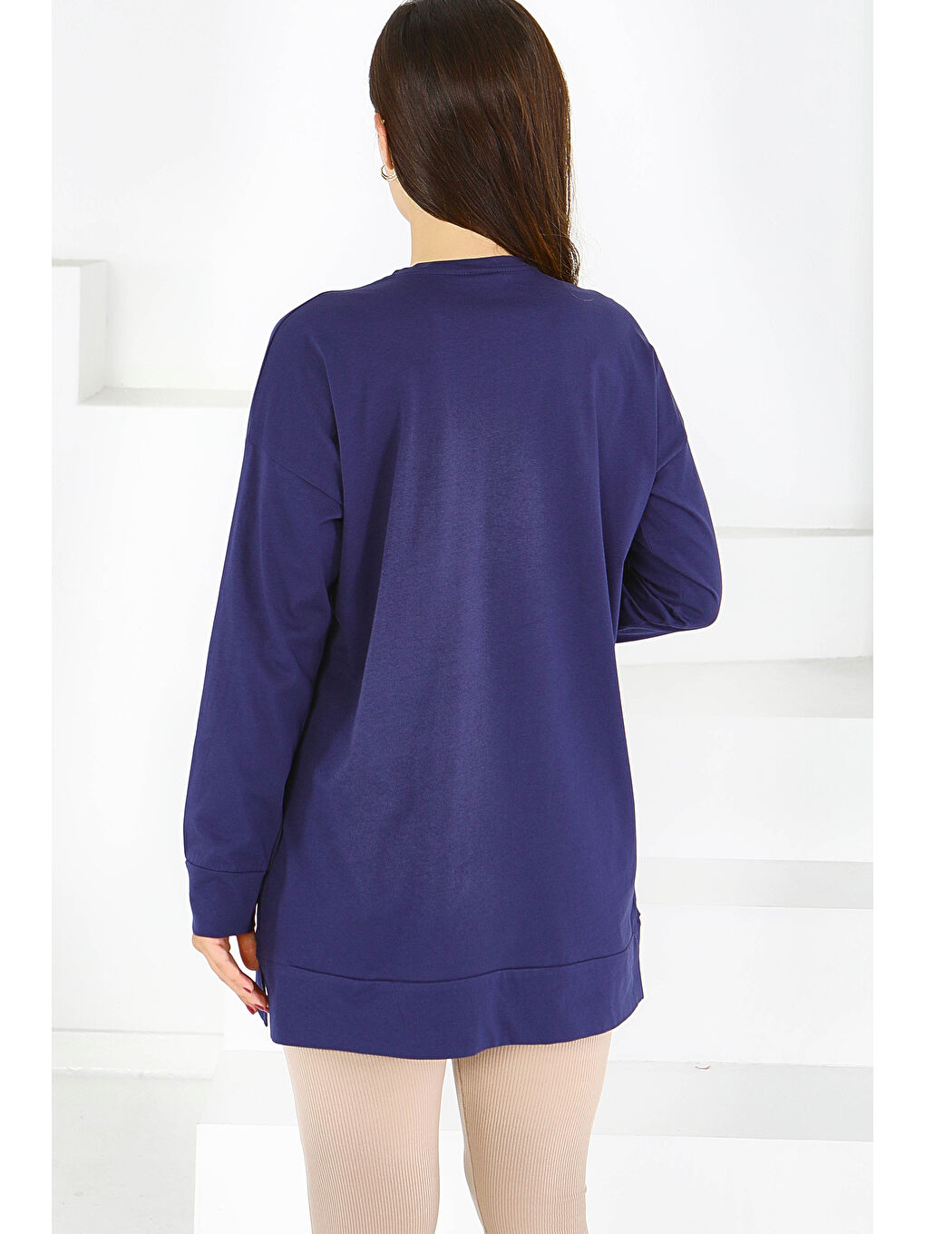 Uzun Kollu Baskılı Süprem Tunik Lacivert - 27588-3