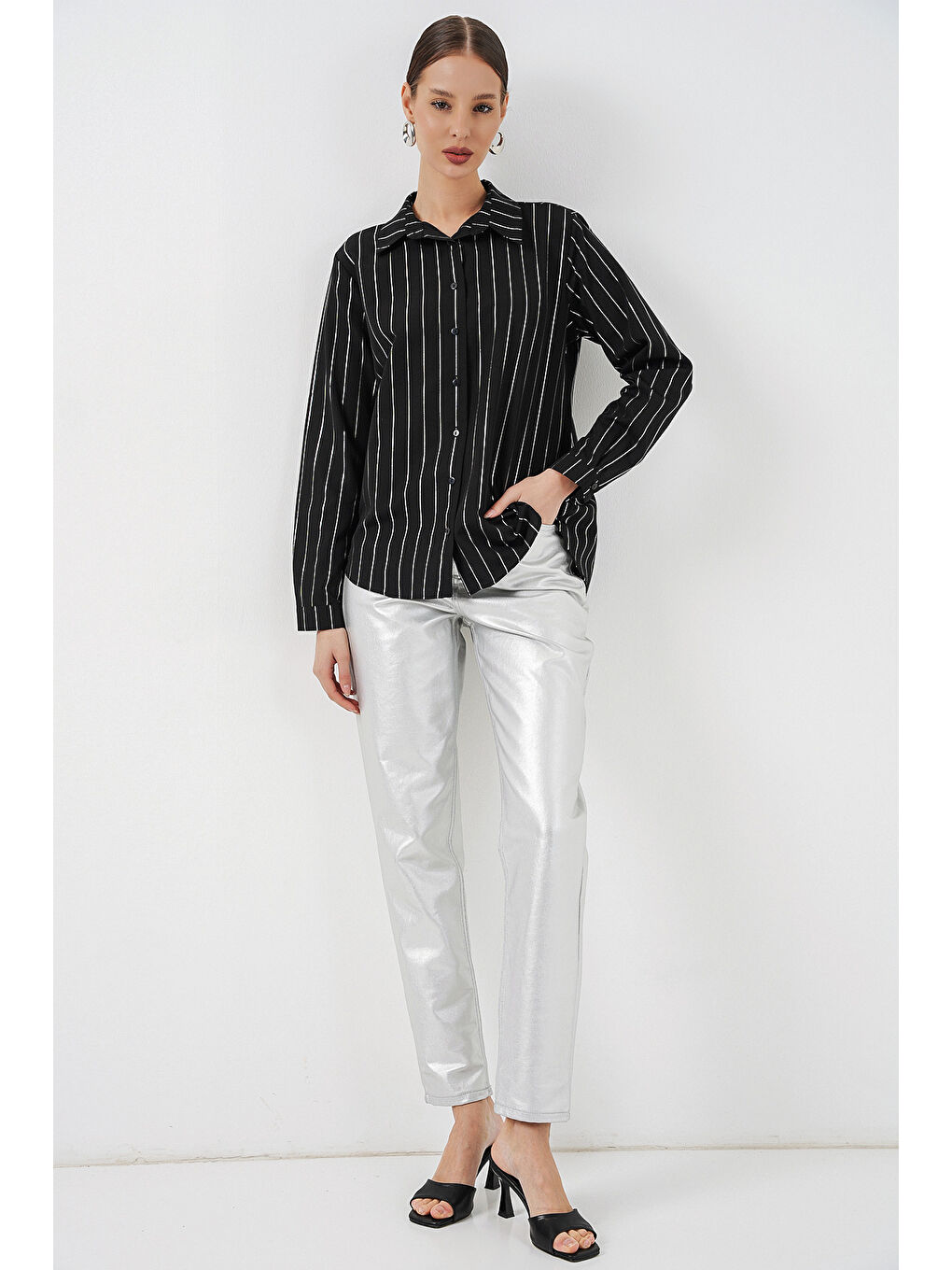 Kadın Varak Desenli Gömlek 20253 - A.Siyah-1