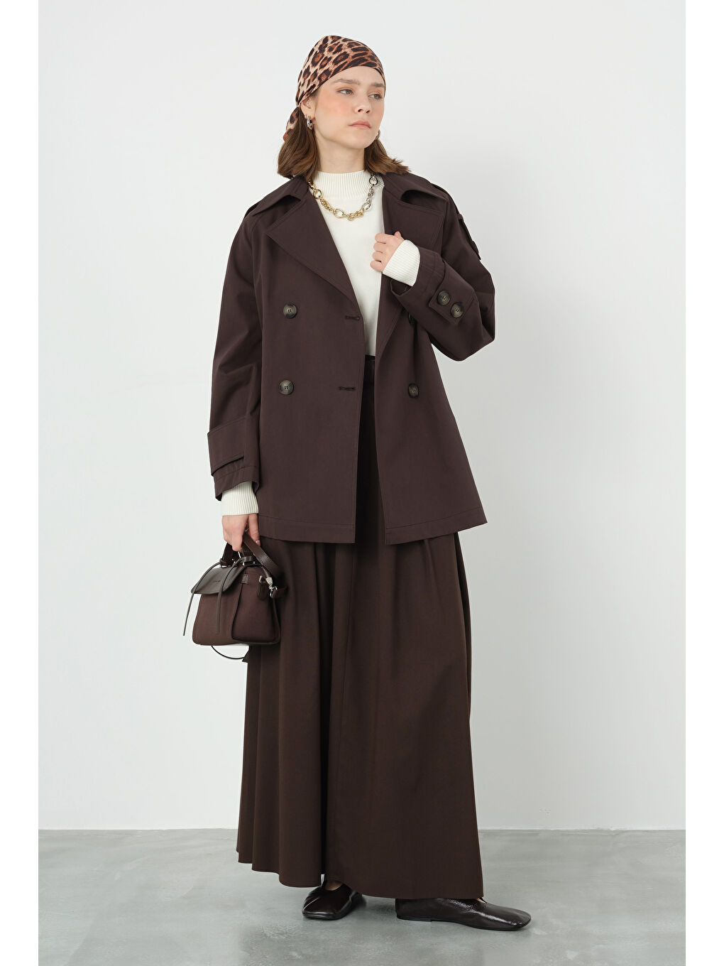 Kahverengi Kısa Kruvaze Trençkot Acı Kahve-3