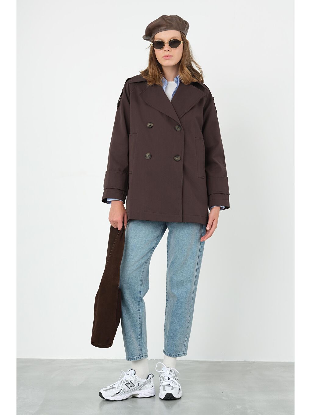 Kahverengi Kısa Kruvaze Trençkot Acı Kahve-4