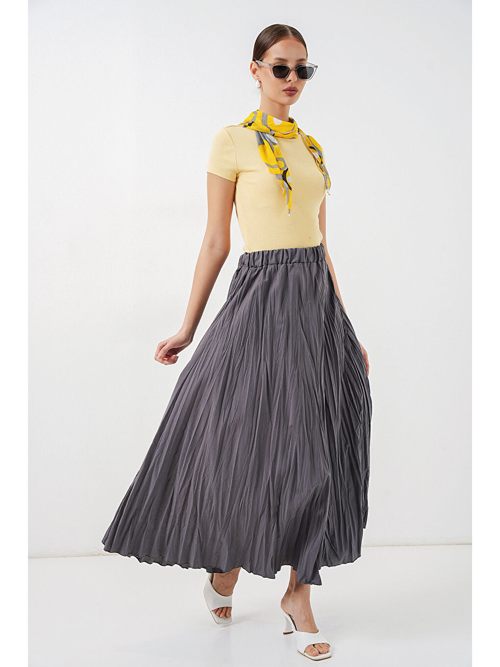 Kadın Uzun Kırışık Etek 8042 - Antrasit-4