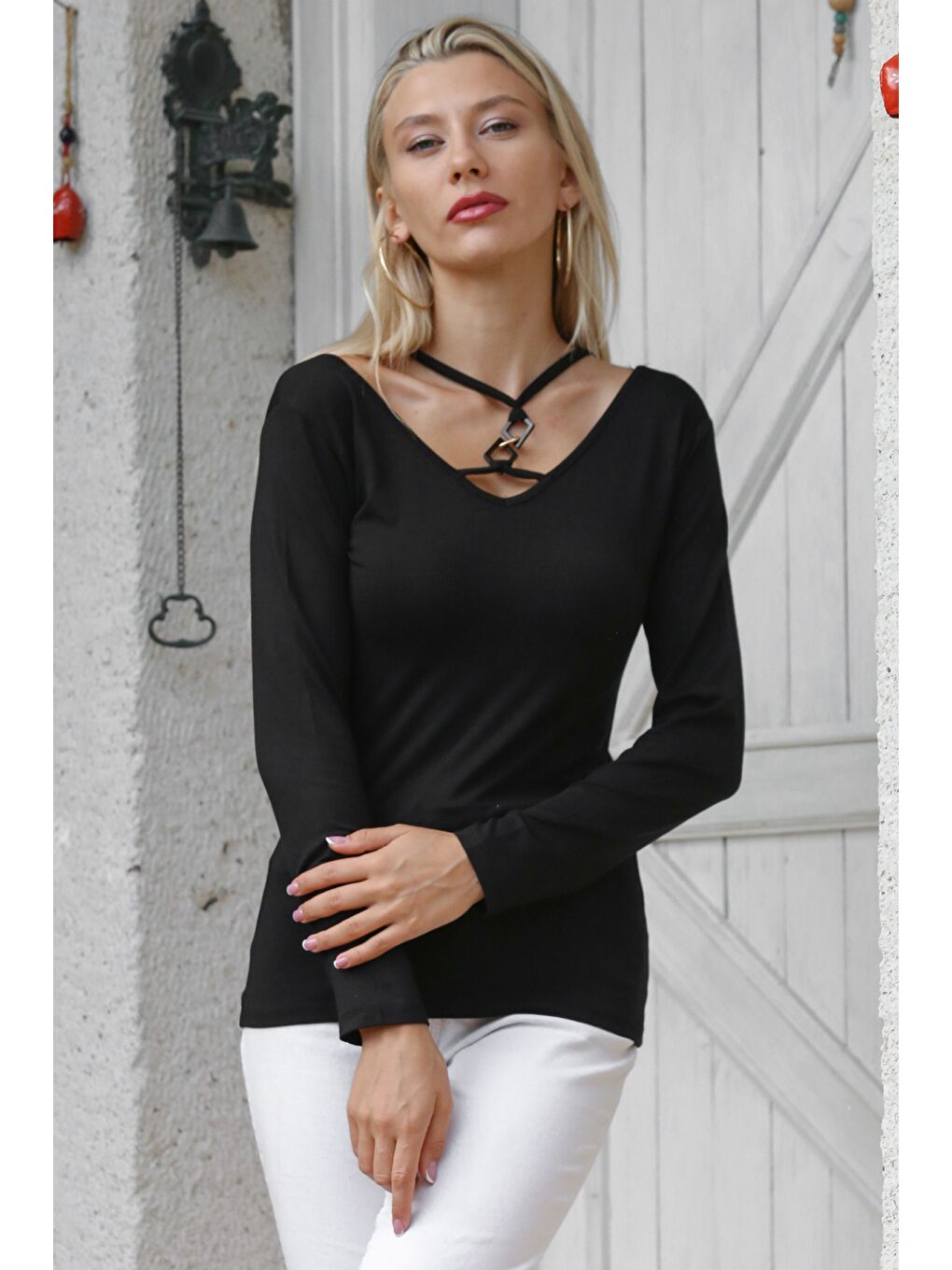 Siyah V Yaka Uzun Kol Biyeli Örme Casual Bluz-3