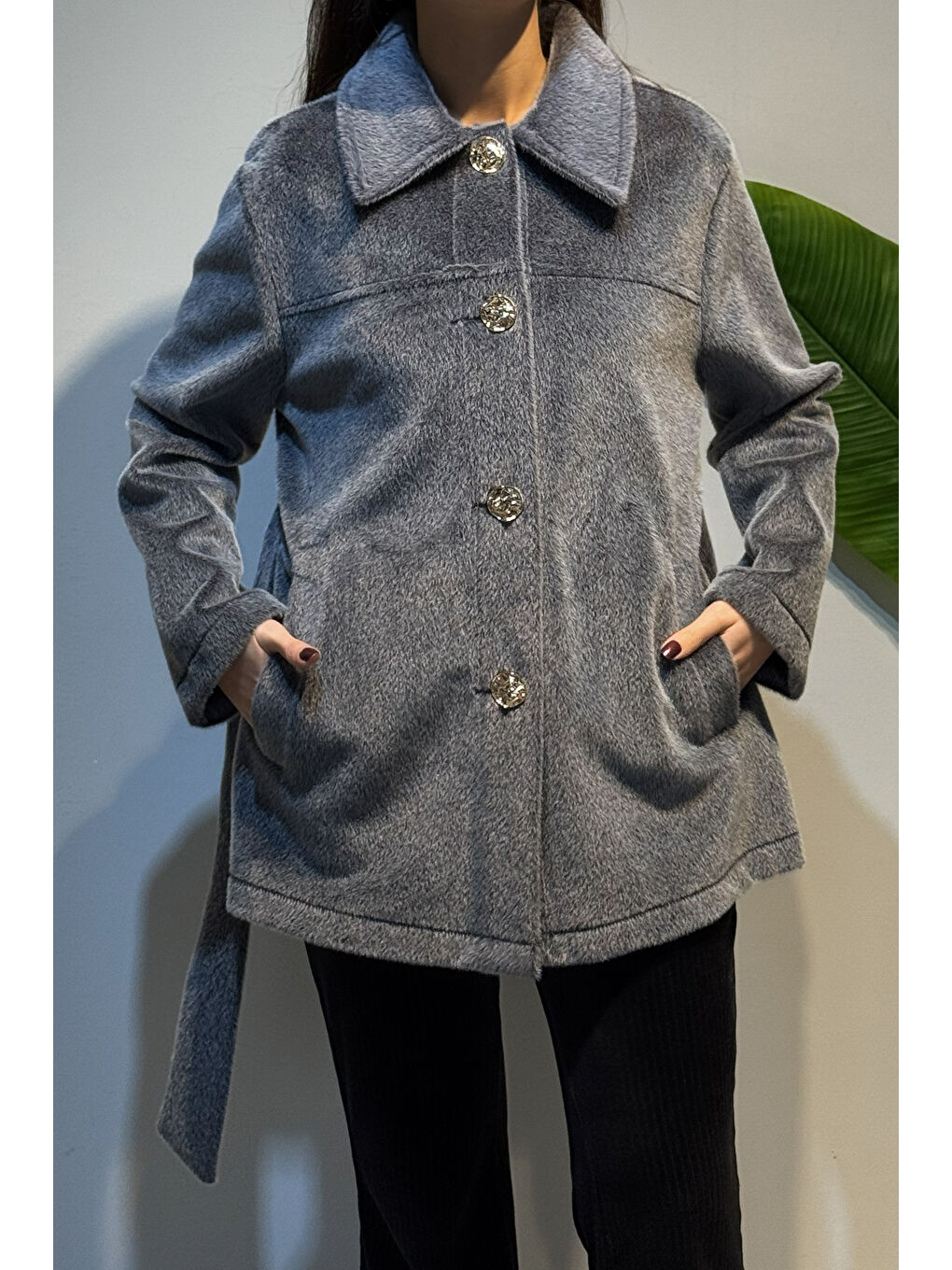 Düğme ve Kuşak Detay Ceket 36199 Antrasit-2