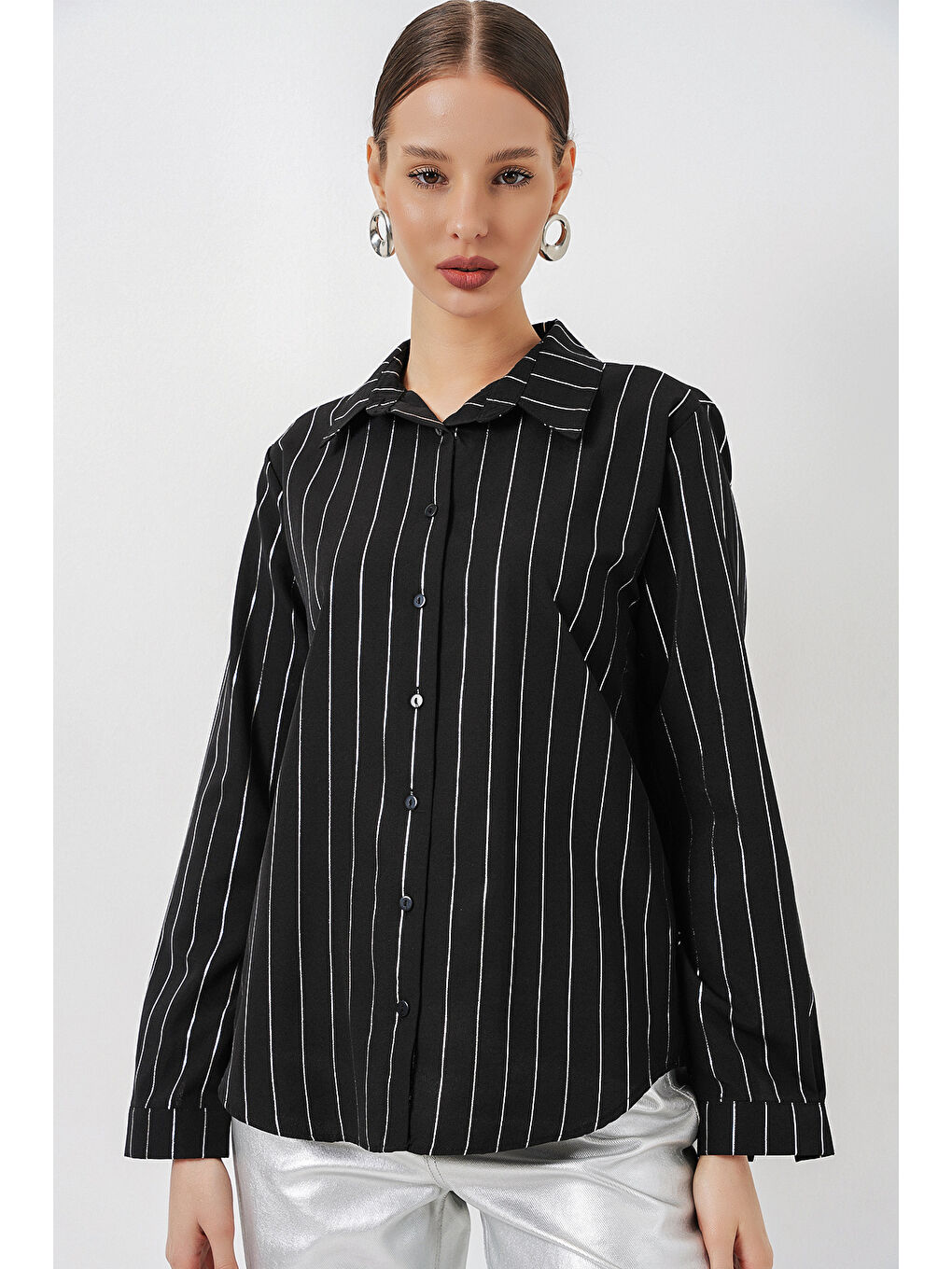 Kadın Varak Desenli Gömlek 20253 - A.Siyah-2