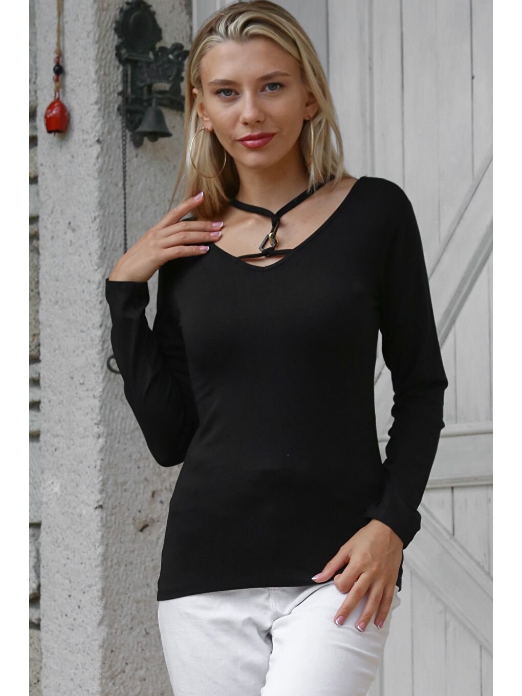 Siyah V Yaka Uzun Kol Biyeli Örme Casual Bluz-4