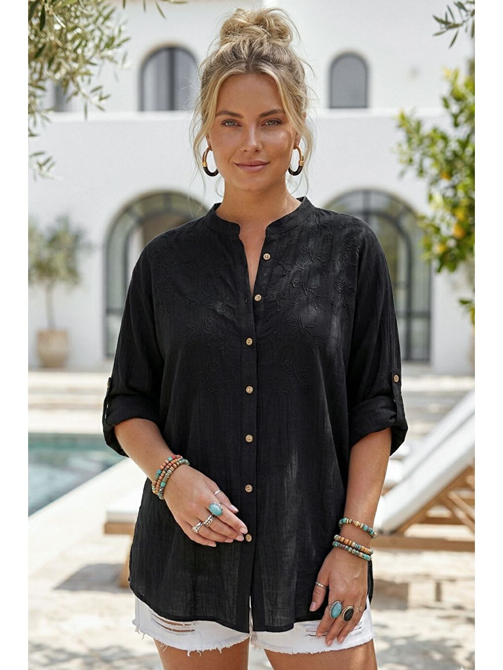 Siyah Hakim Yaka Düğmeli Uzun Kollu Düğmeli Casual Müslin Dokuma Gömlek 75 63-2