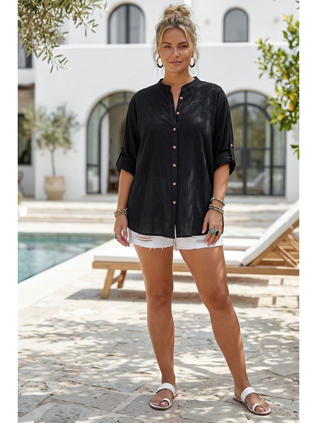 Siyah Hakim Yaka Düğmeli Uzun Kollu Düğmeli Casual Müslin Dokuma Gömlek 75 63-3