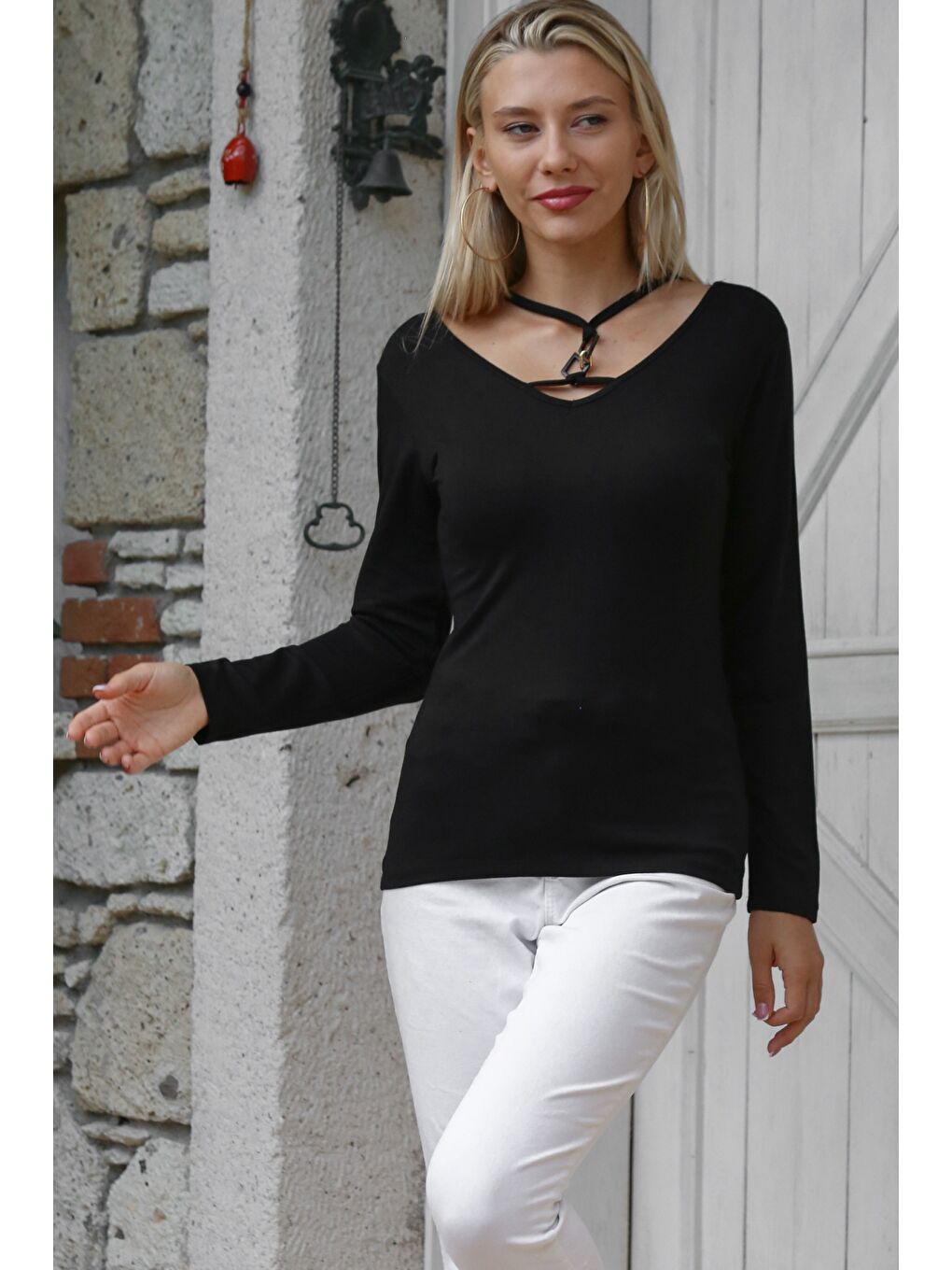 Siyah V Yaka Uzun Kol Biyeli Örme Casual Bluz-5