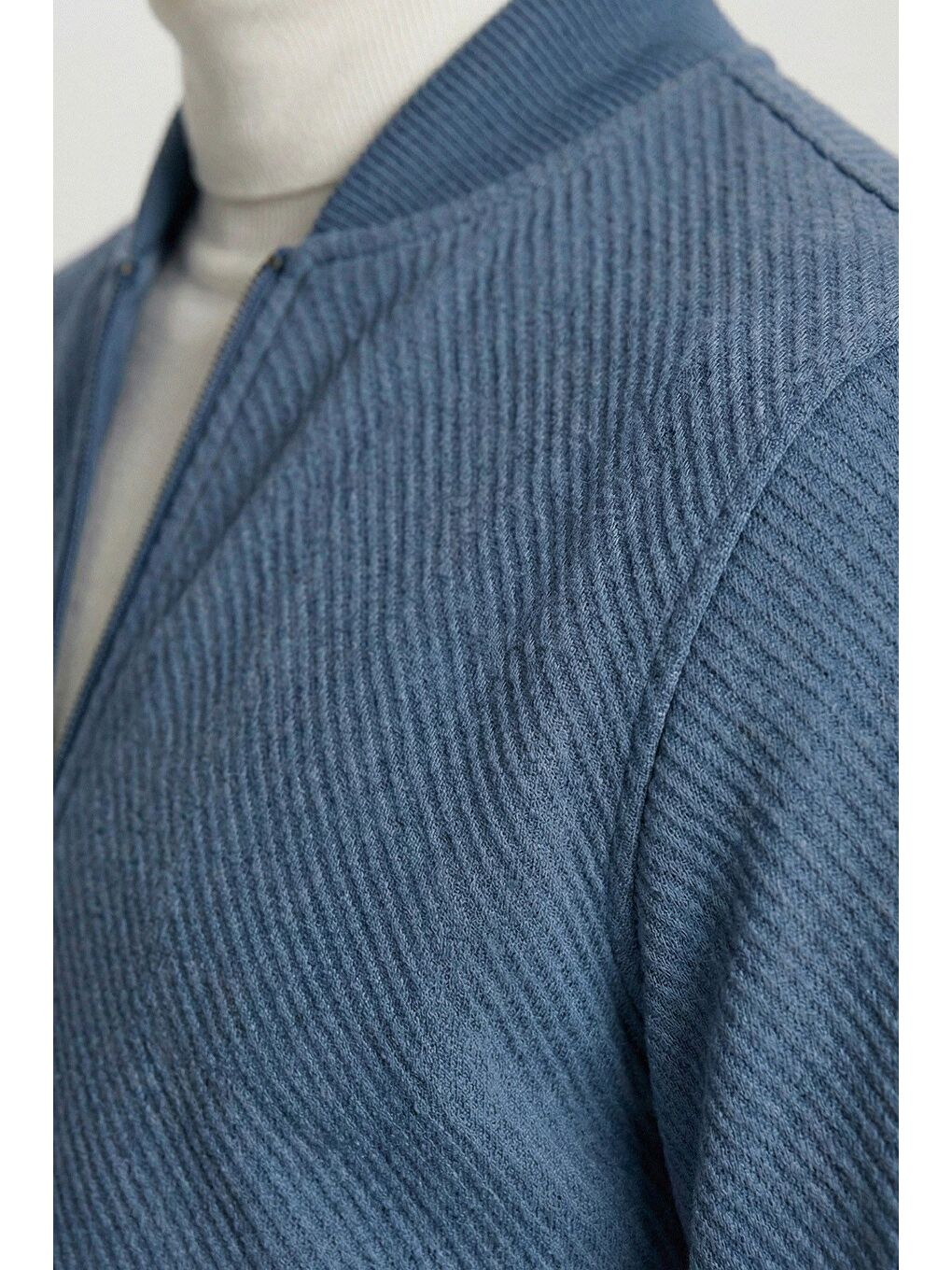 Mavi Giotelli İndigo Bomber Stil Armürlü Slim Fit Triko Yaka Fermuarlı 6 Drop Erkek Takım Elbise-4